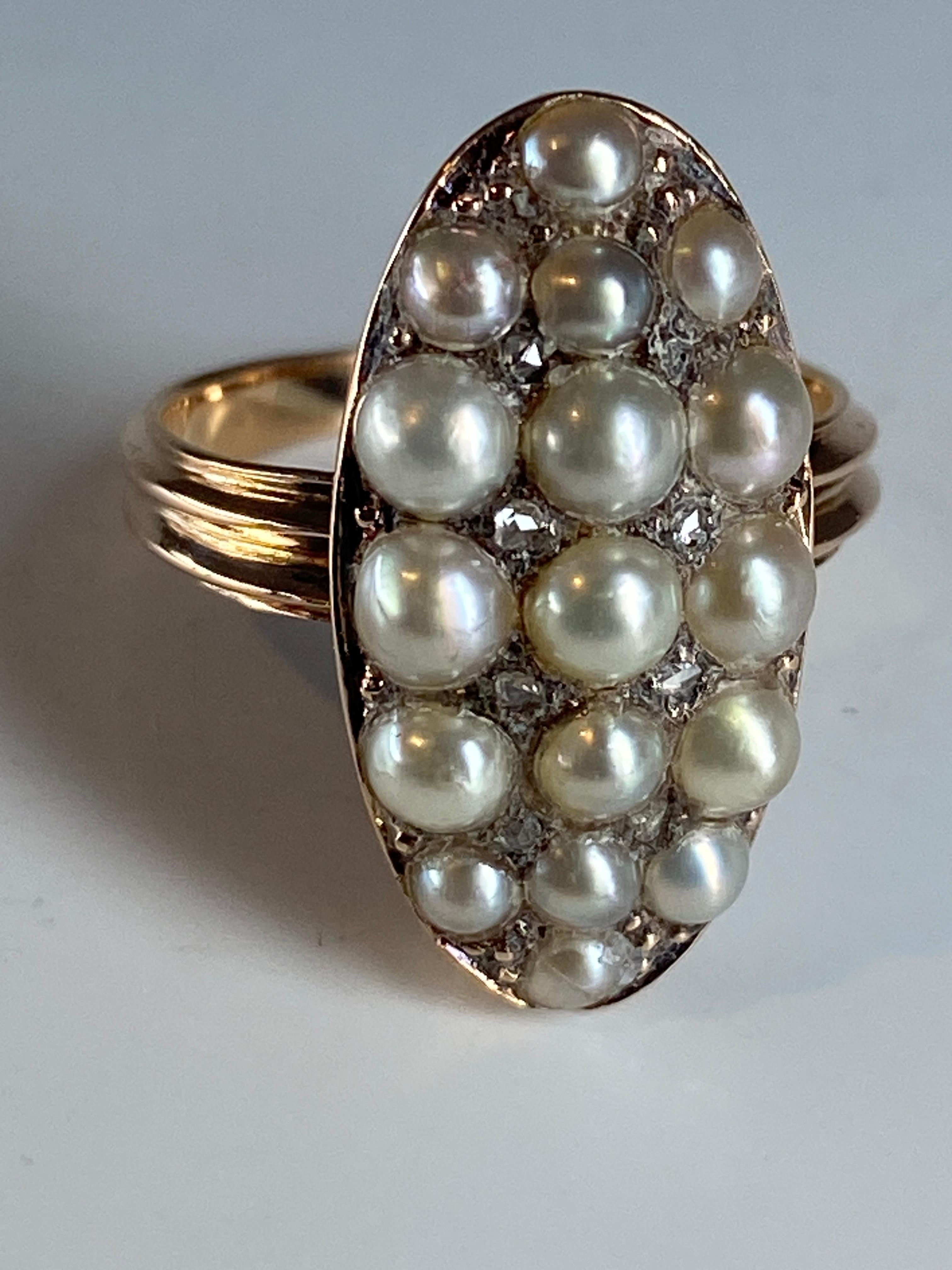 18 Carat Gold Ring, Marquise, Set with 17 Fine Pearls and Diamonds, circa 1880 For Sale 11