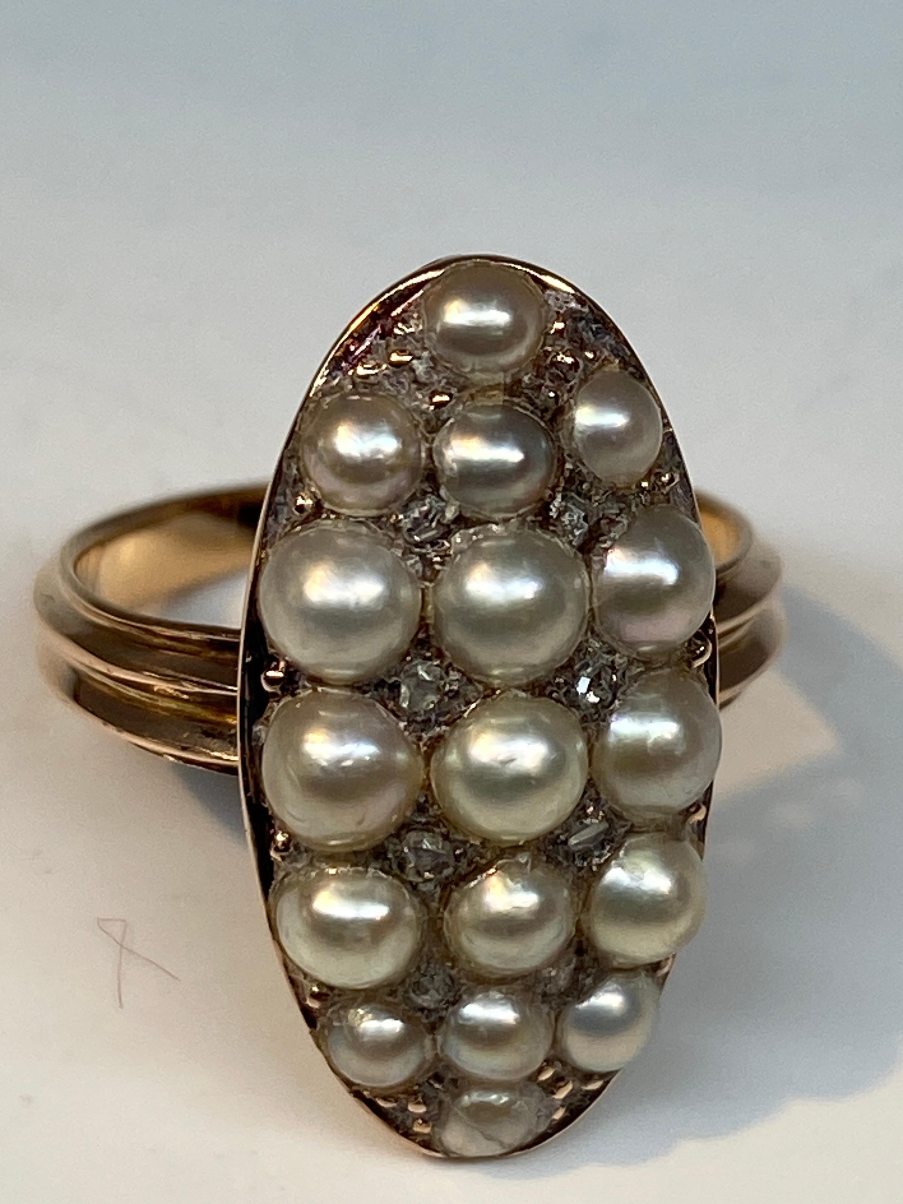 18 Carat Gold Ring, Marquise, Set with 17 Fine Pearls and Diamonds, circa 1880 For Sale 12