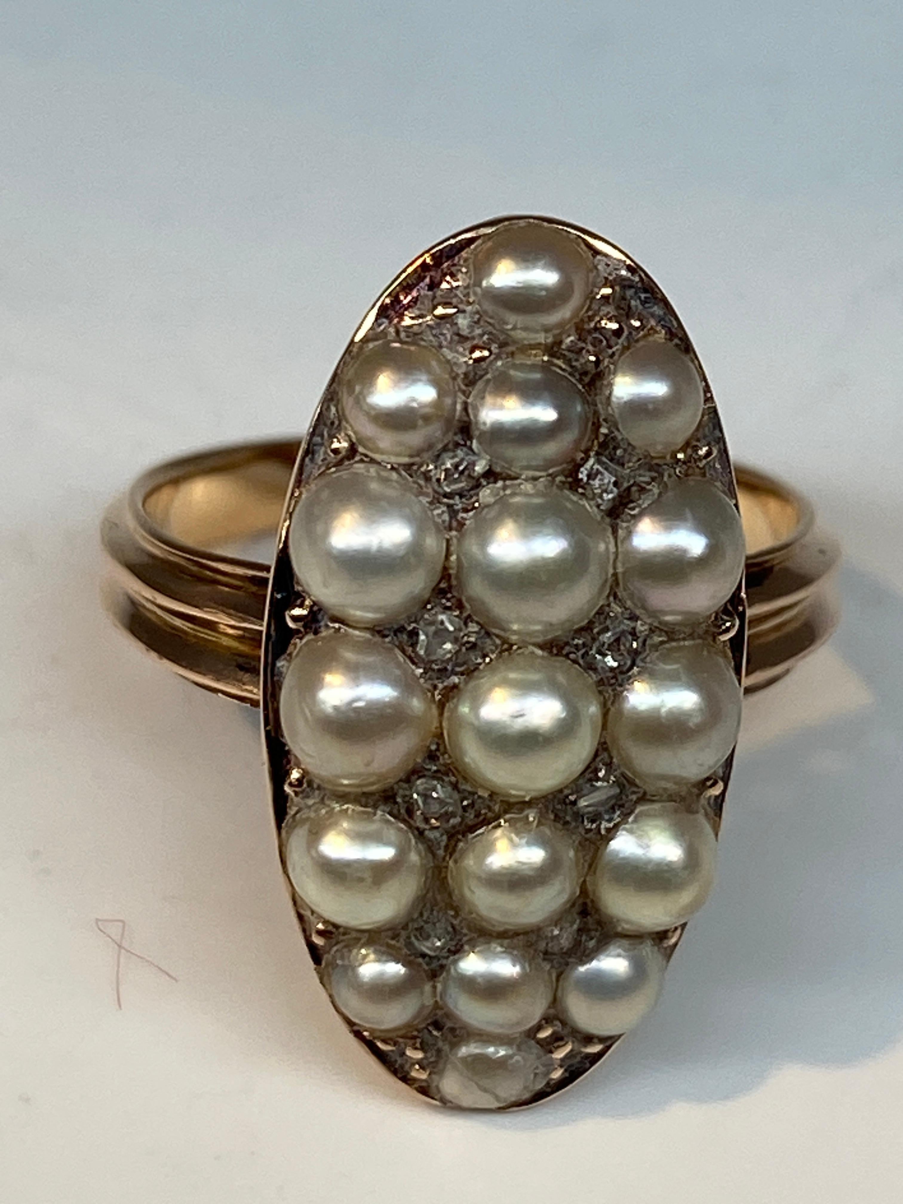 18 Carat Gold Ring, Marquise, Set with 17 Fine Pearls and Diamonds, circa 1880 For Sale 13