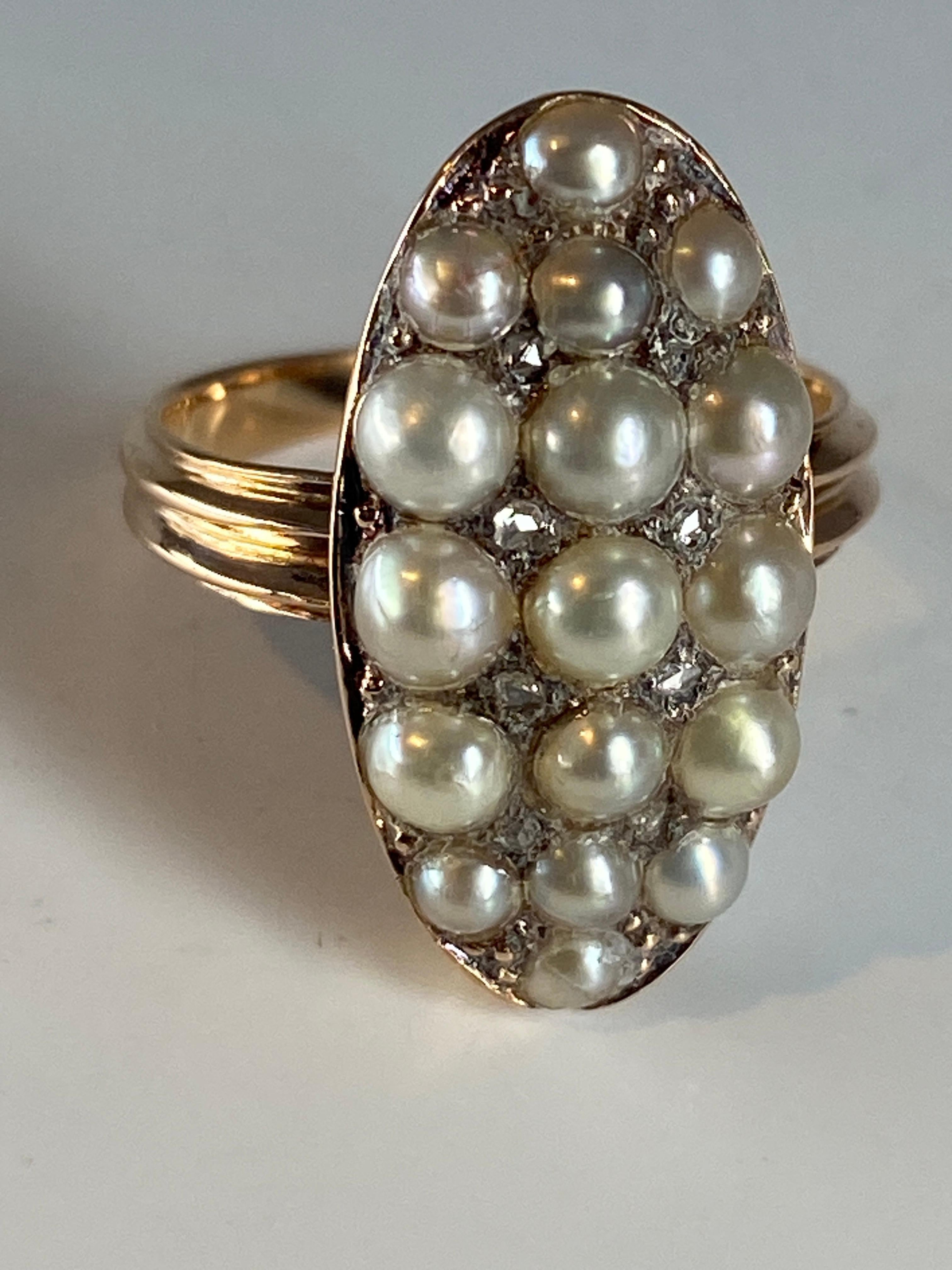 Art Nouveau 18 Carat Gold Ring, Marquise, Set with 17 Fine Pearls and Diamonds, circa 1880 For Sale