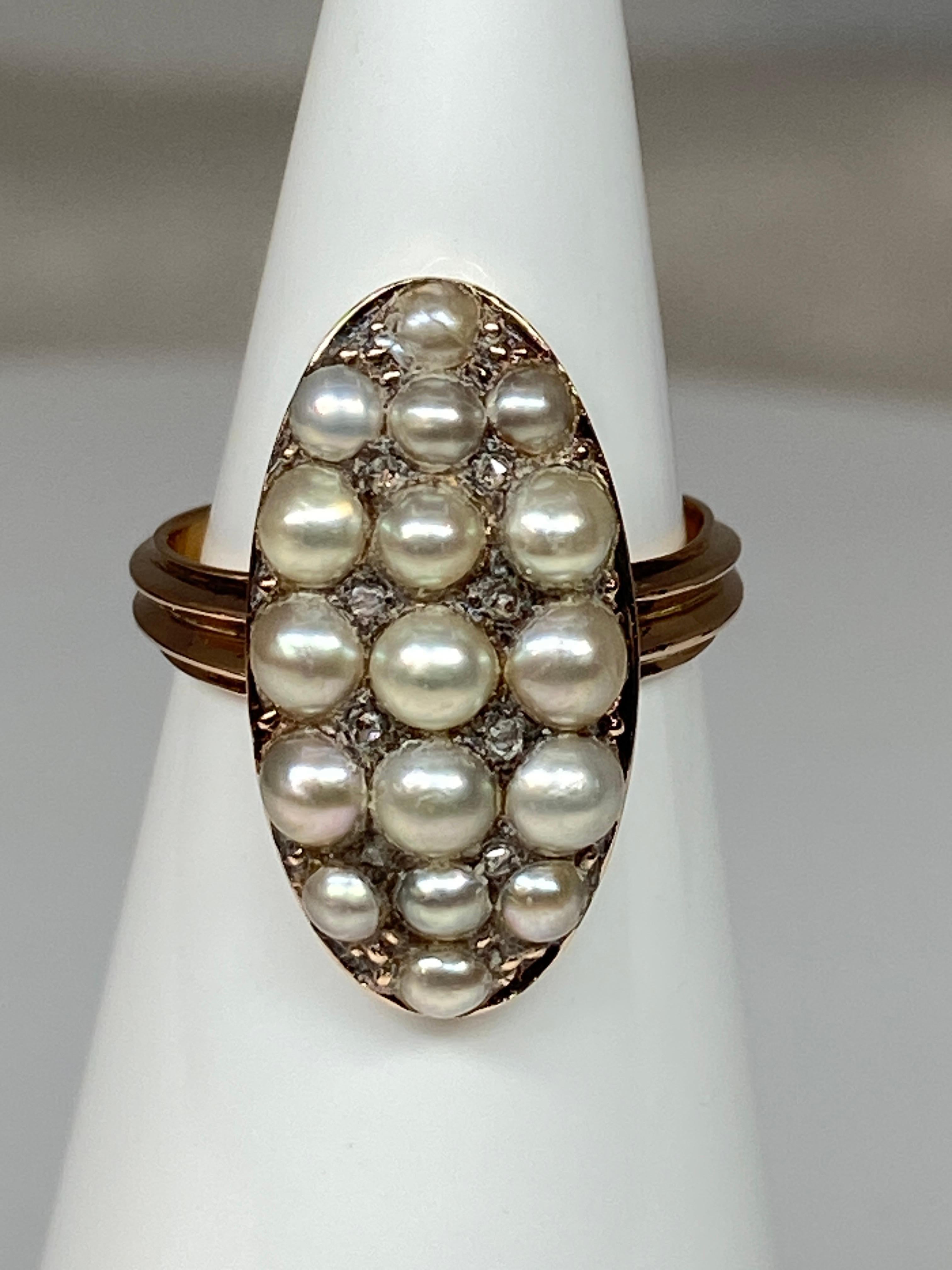 18 Carat Gold Ring, Marquise, Set with 17 Fine Pearls and Diamonds, circa 1880 For Sale 1