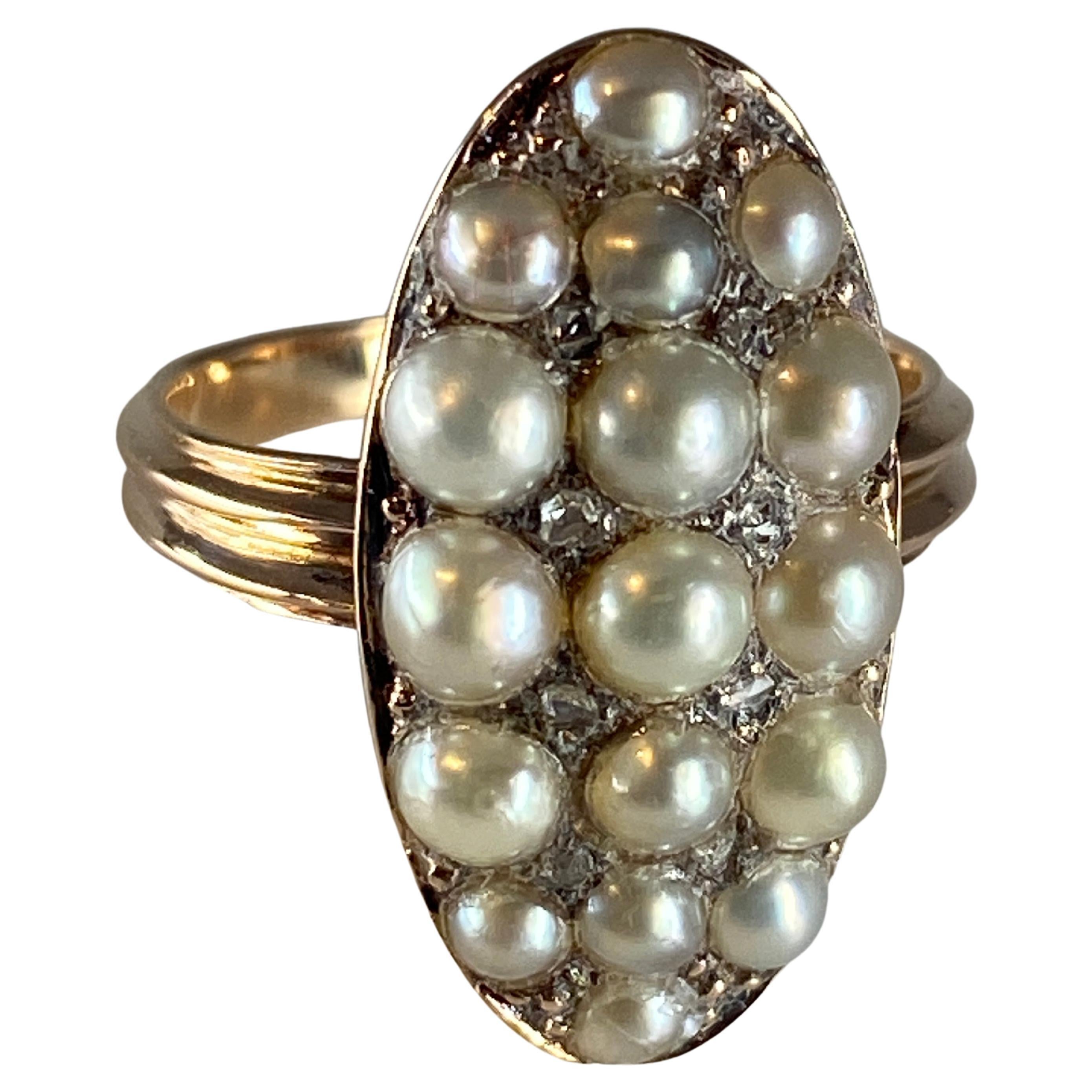 18 Carat Gold Ring, Marquise, Set with 17 Fine Pearls and Diamonds, circa 1880 For Sale