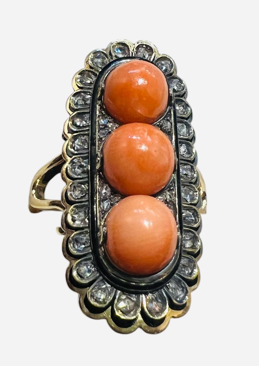 18 Carat Gold Ring Set With 3 Coral Beads And Antique Cut Diamonds Enhanced With For Sale 4