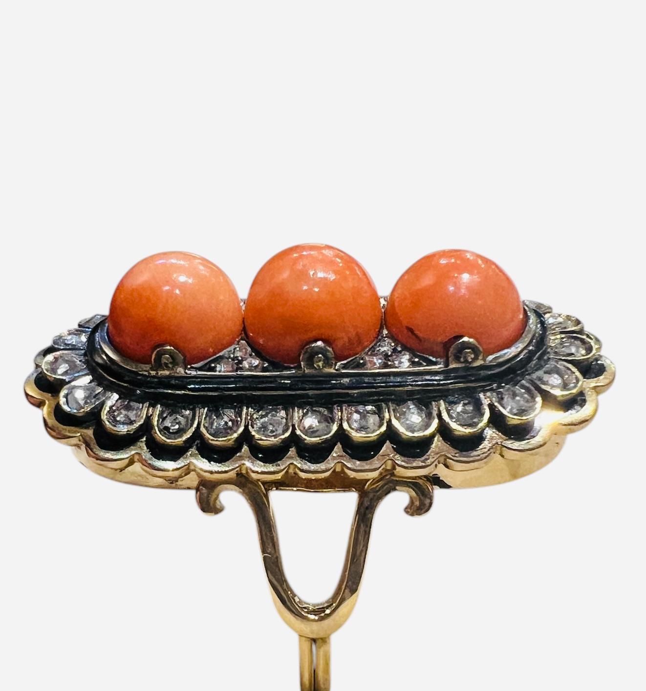 18 Carat Gold Ring Set With 3 Coral Beads And Antique Cut Diamonds Enhanced With For Sale 5