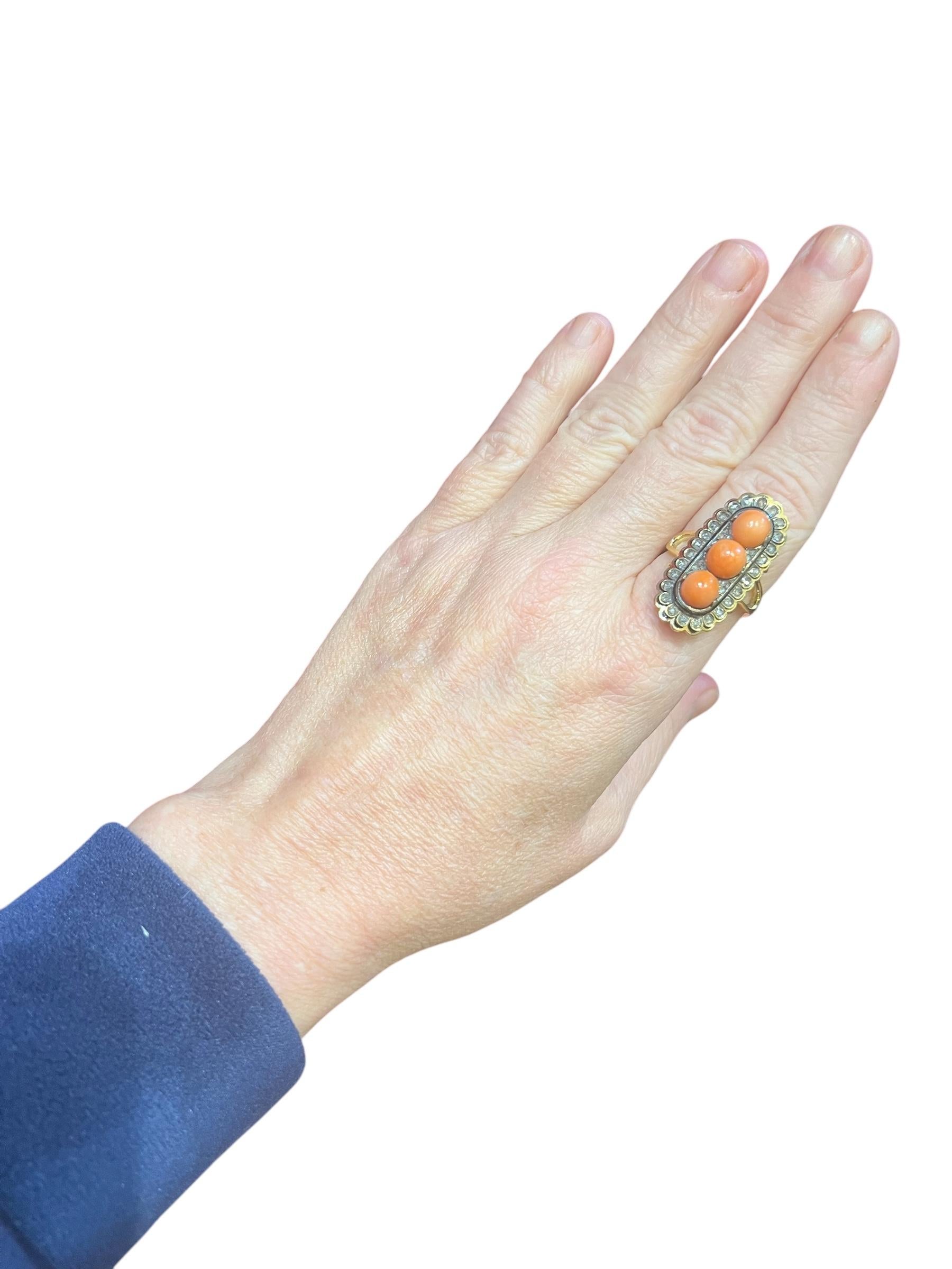 Napoleon III 18 Carat Gold Ring Set With 3 Coral Beads And Antique Cut Diamonds Enhanced With For Sale