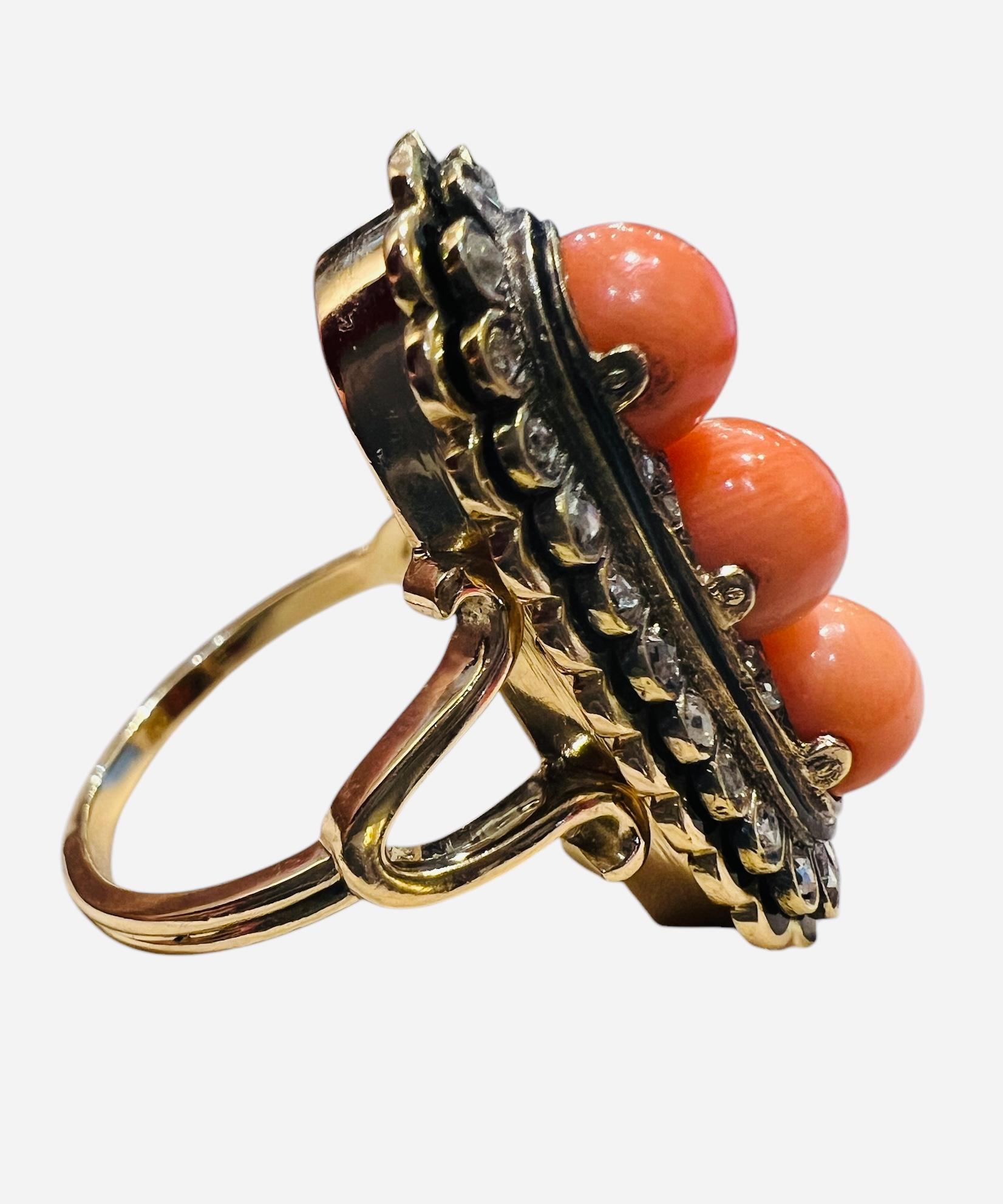 18 Carat Gold Ring Set With 3 Coral Beads And Antique Cut Diamonds Enhanced With For Sale 1