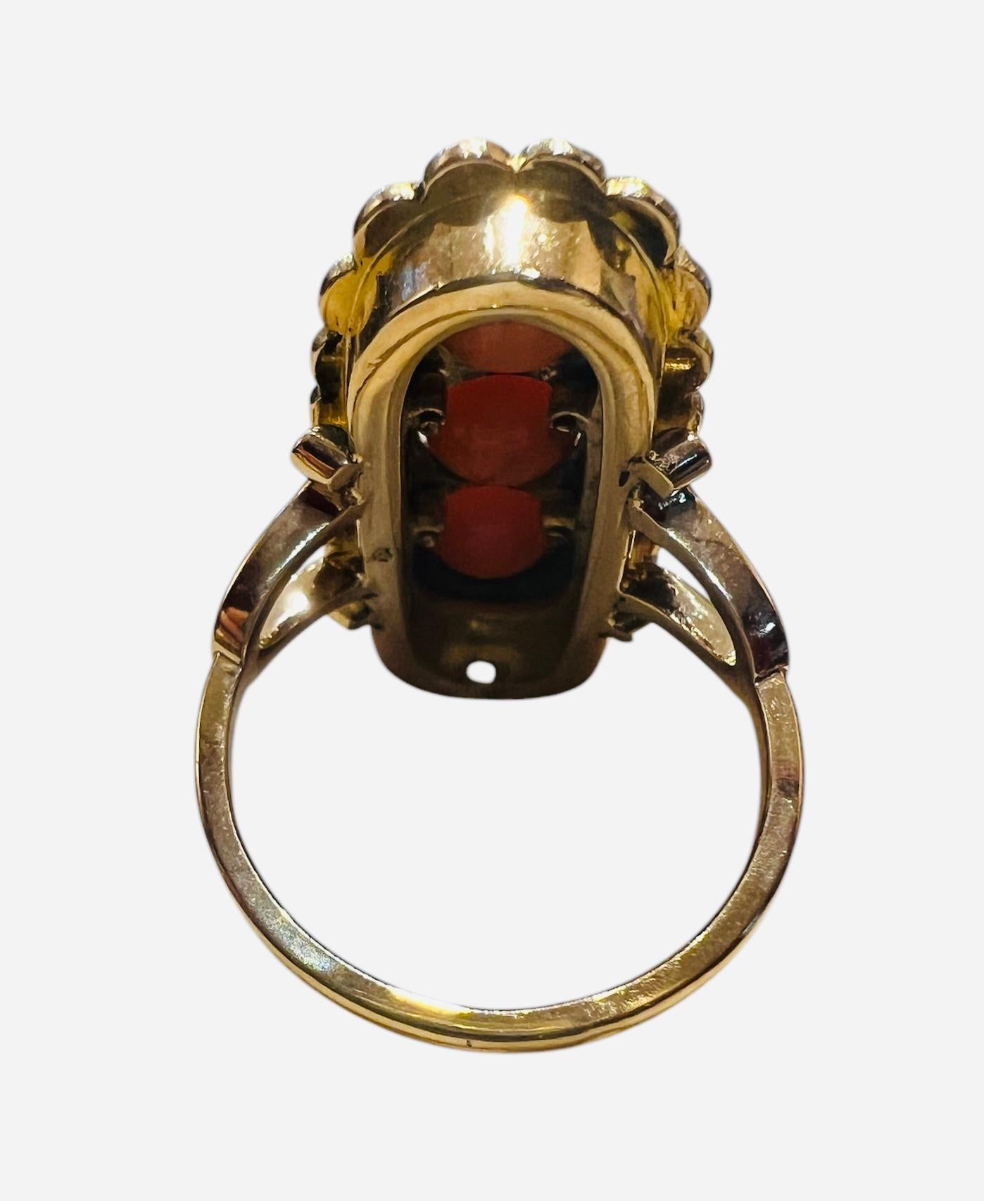 18 Carat Gold Ring Set With 3 Coral Beads And Antique Cut Diamonds Enhanced With For Sale 2