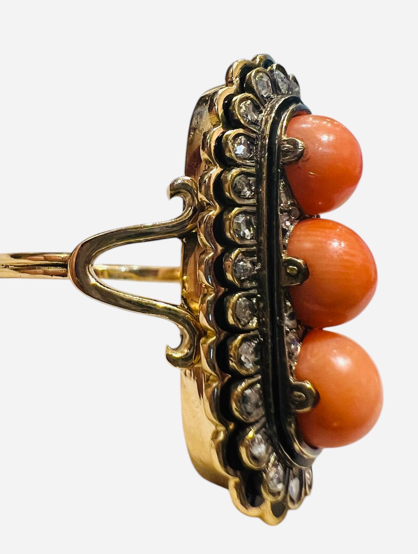 18 Carat Gold Ring Set With 3 Coral Beads And Antique Cut Diamonds Enhanced With For Sale 3