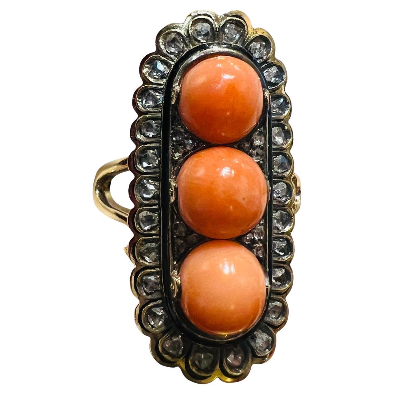18 Carat Gold Ring Set With 3 Coral Beads And Antique Cut Diamonds Enhanced With For Sale