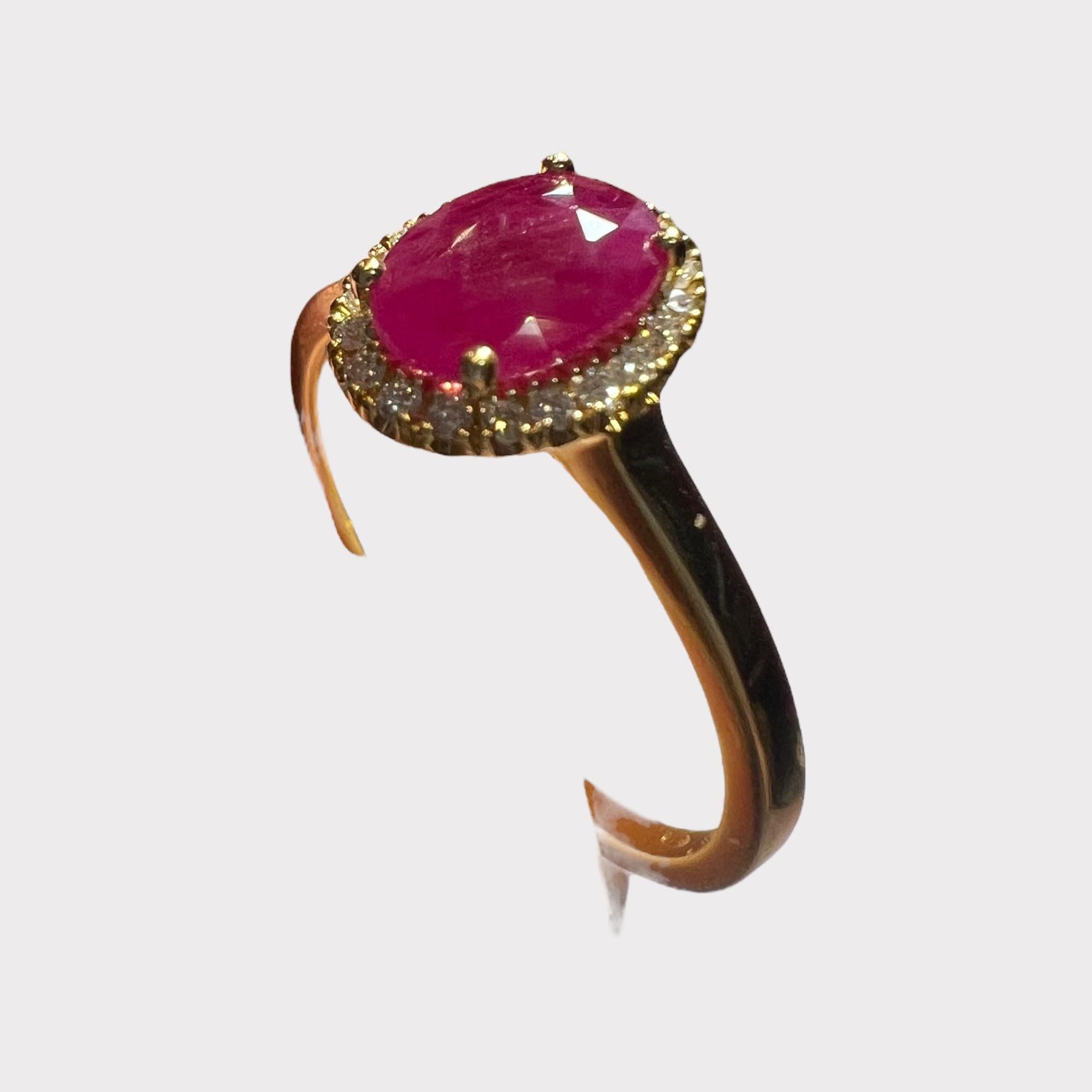 French Cut 18-Carat Gold Ring, Set with a Ruby in Its Center, Paved with Brilliants