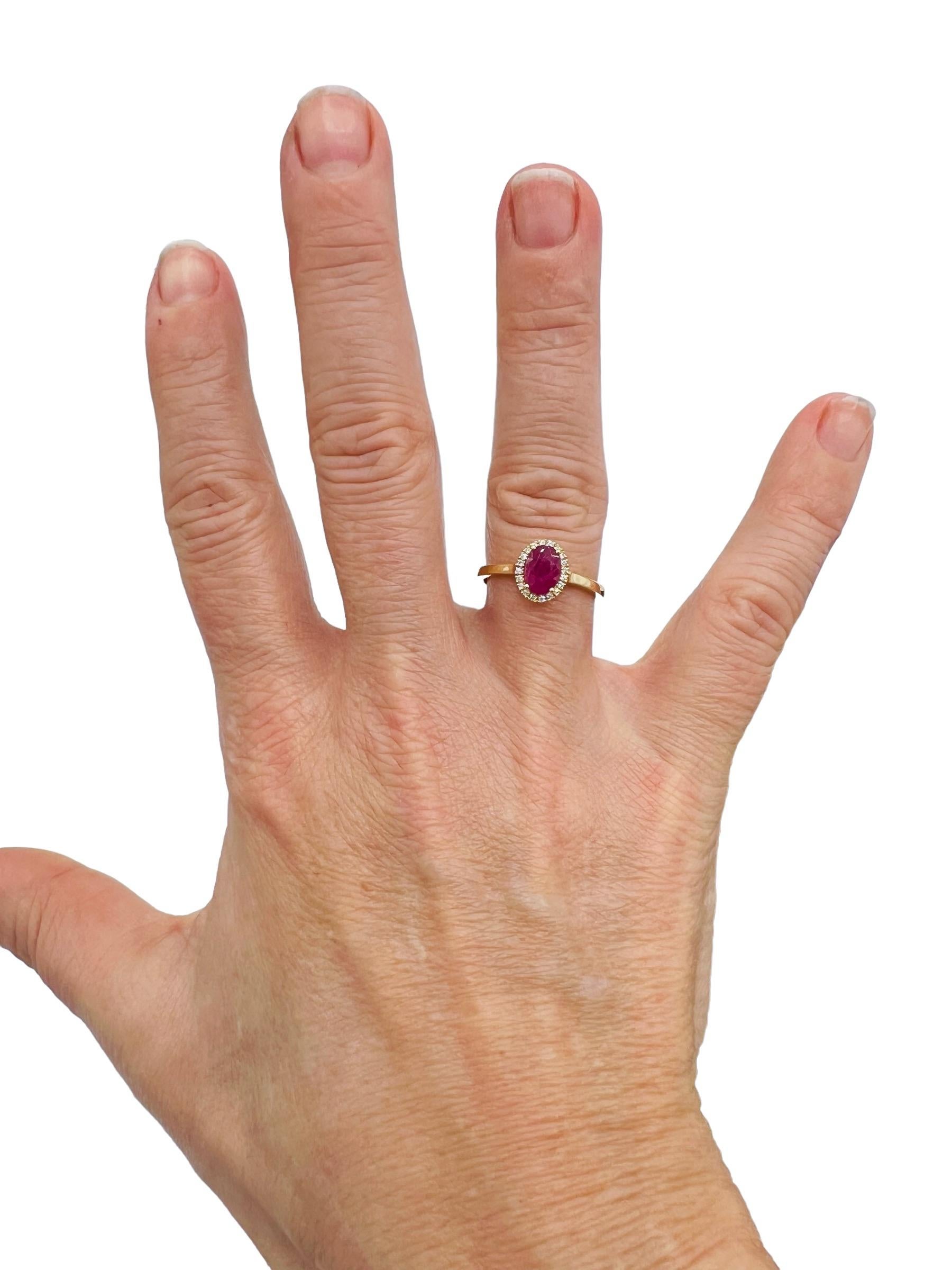 Women's 18-Carat Gold Ring, Set with a Ruby in Its Center, Paved with Brilliants