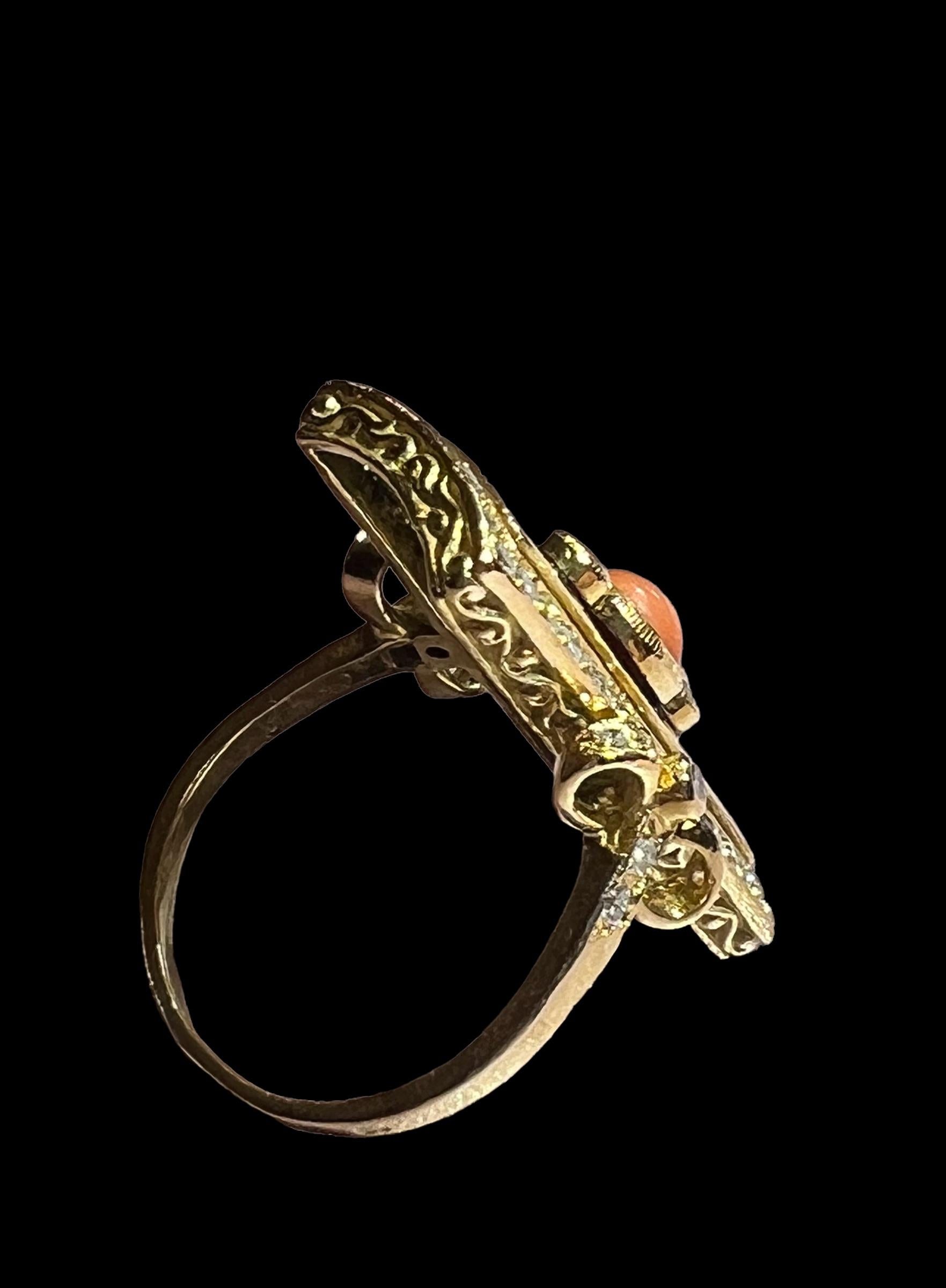 Old European Cut 18-Carat Gold Ring Set with Blue Enamel Coral and Pavé Diamond