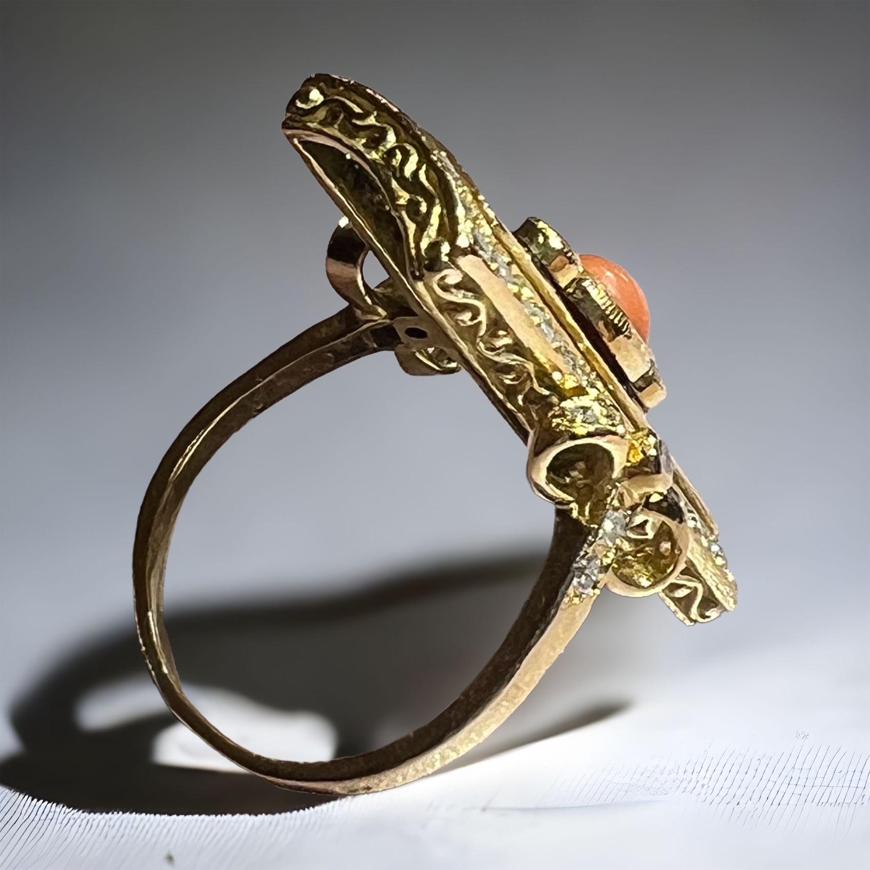 18-Carat Gold Ring Set with Blue Enamel Coral and Pavé Diamond In Good Condition In SAINT-OUEN-SUR-SEINE, FR
