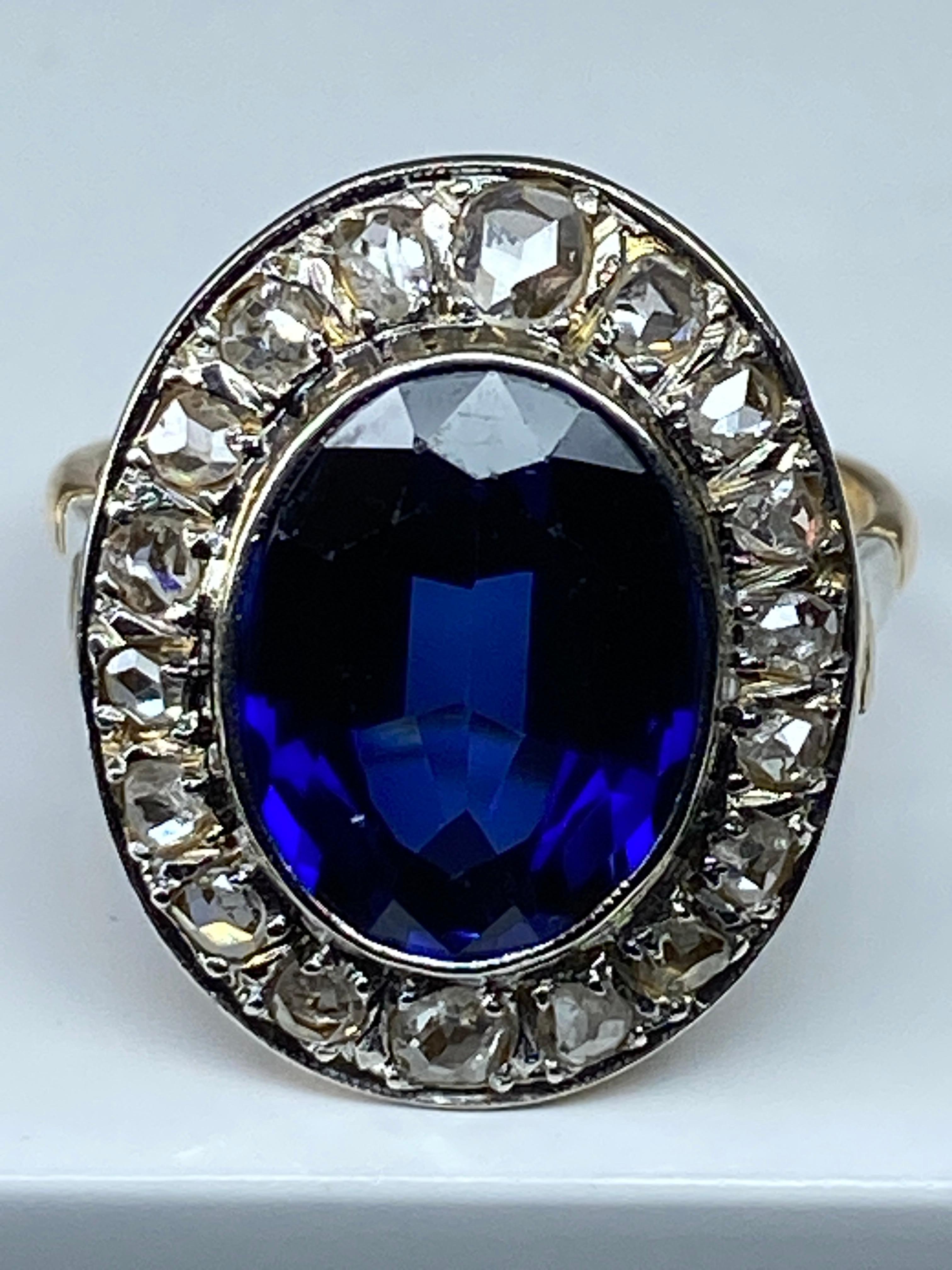 18 Carat Gold Ring Verneuil Sapphire and Rose-Cut Diamonds, 1900 Period 4