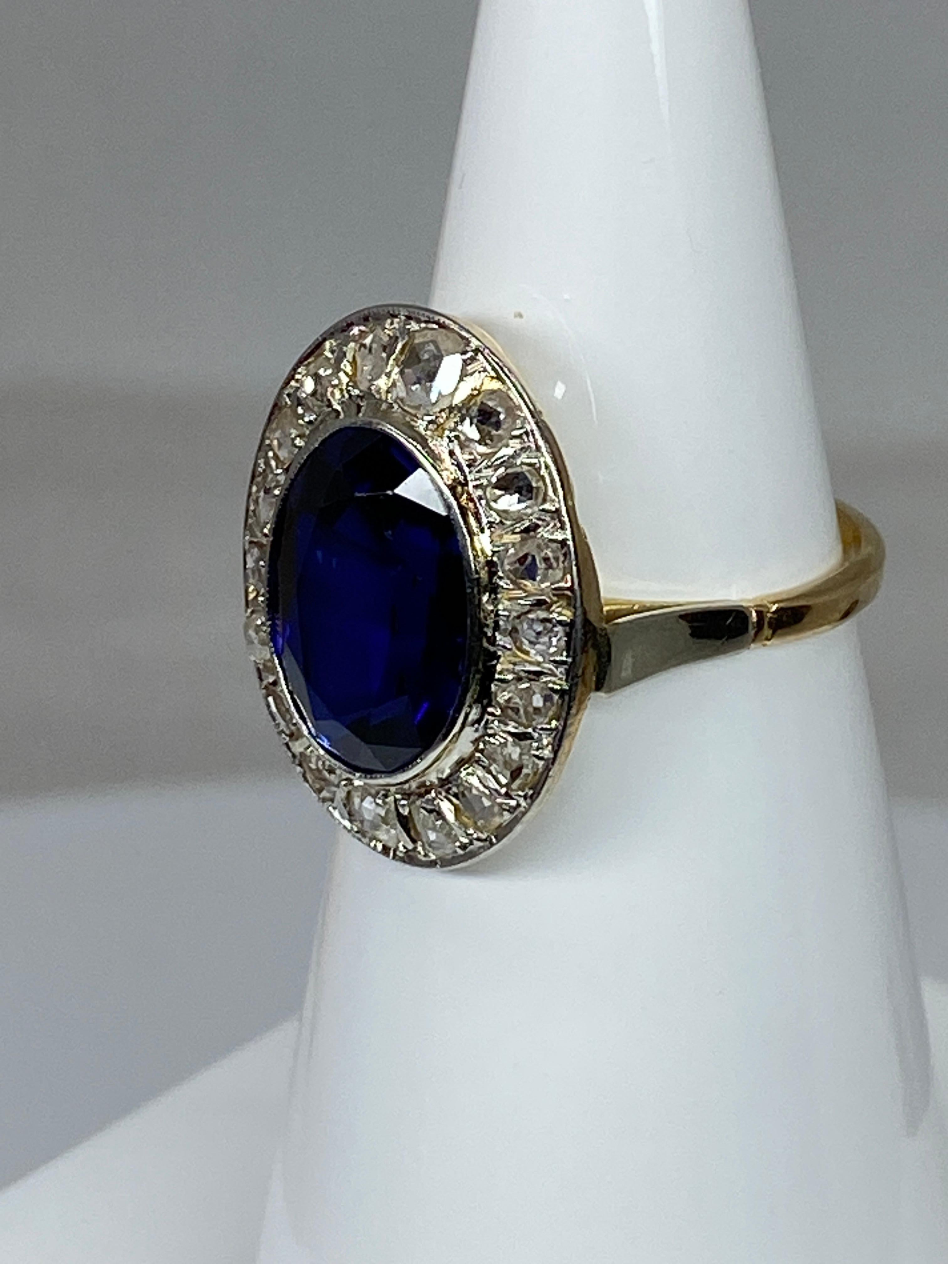 Rose Cut 18 Carat Gold Ring Verneuil Sapphire and Rose-Cut Diamonds, 1900 Period