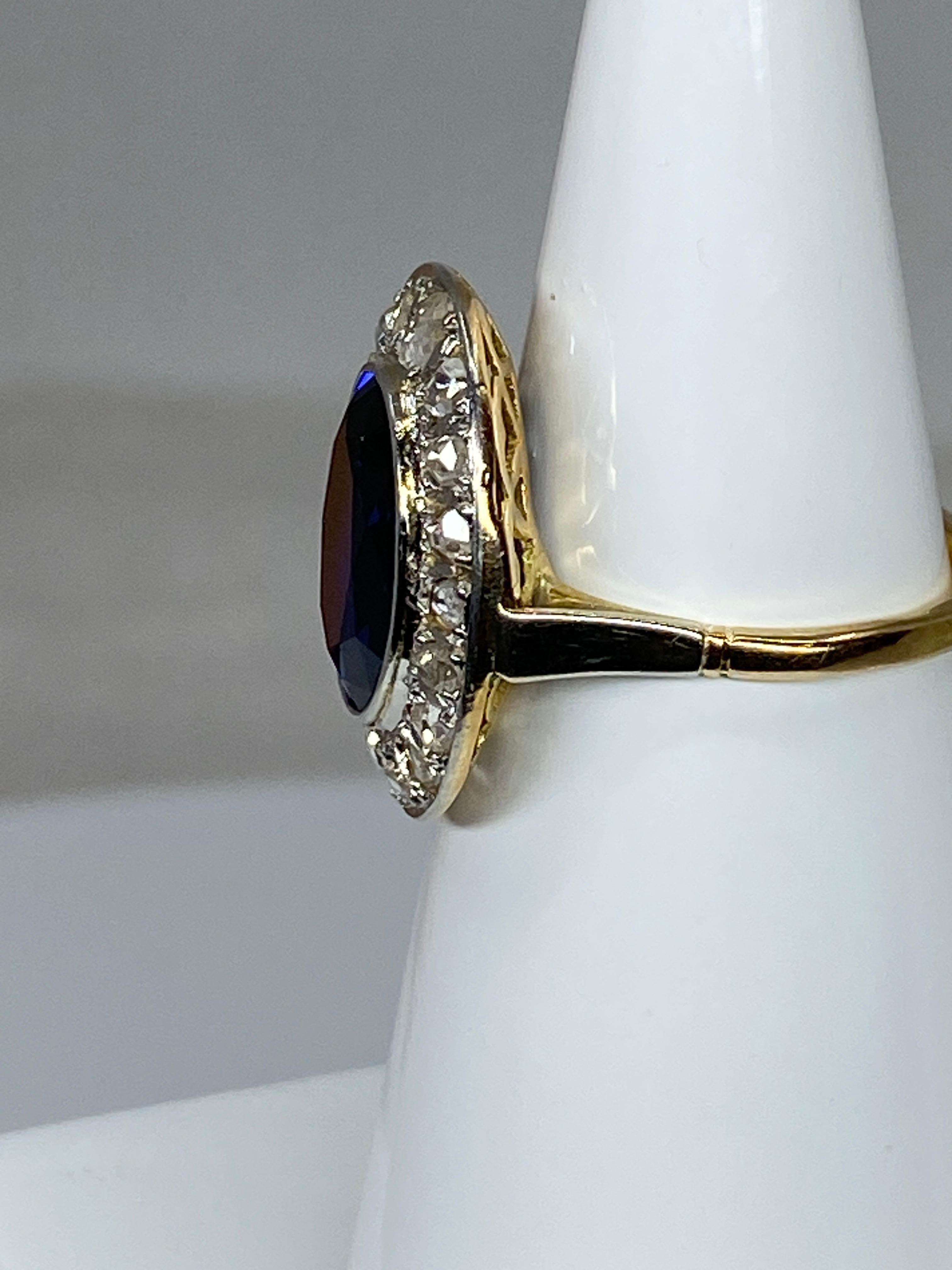18 Carat Gold Ring Verneuil Sapphire and Rose-Cut Diamonds, 1900 Period 1