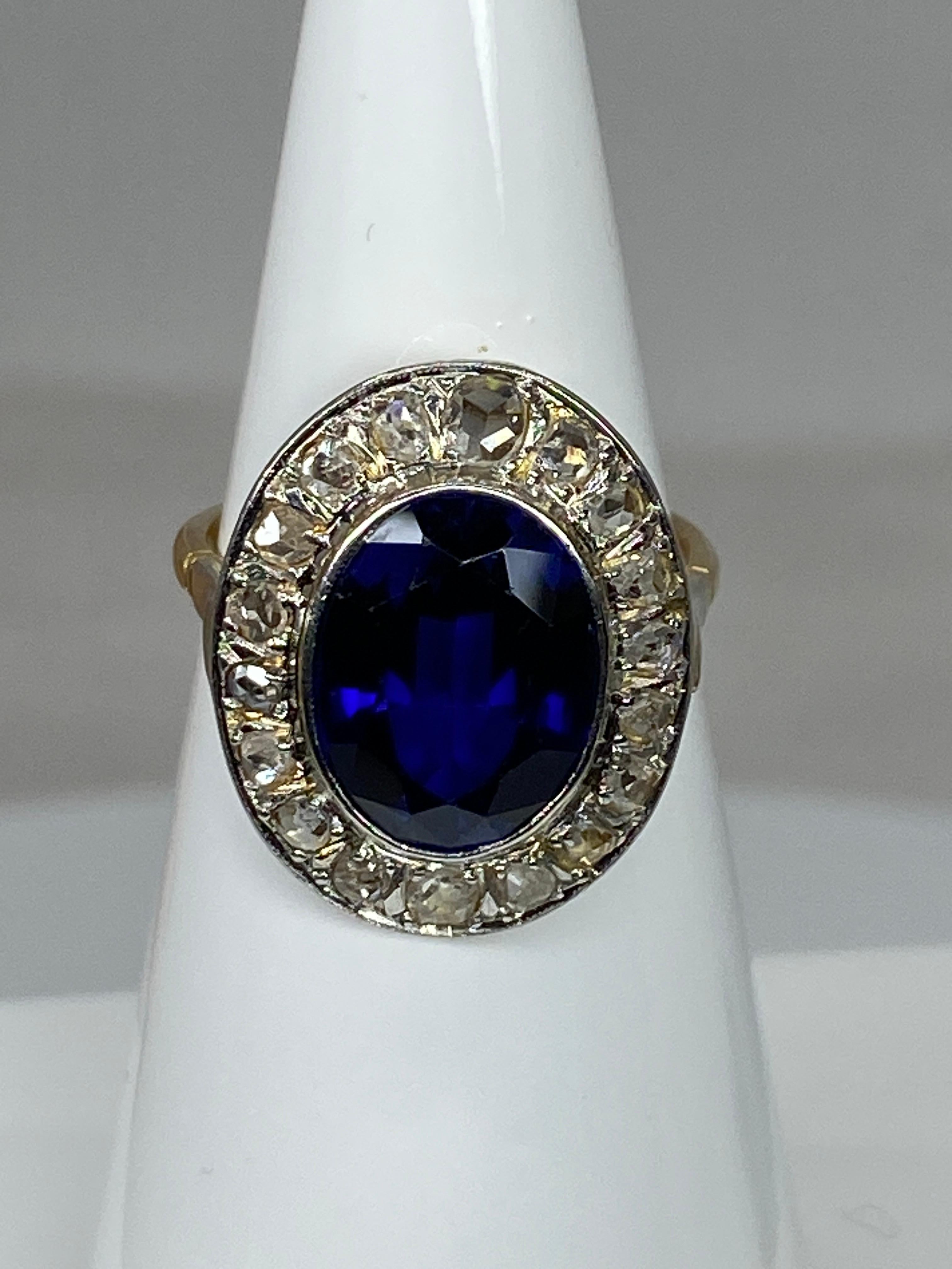 18 Carat Gold Ring Verneuil Sapphire and Rose-Cut Diamonds, 1900 Period 2