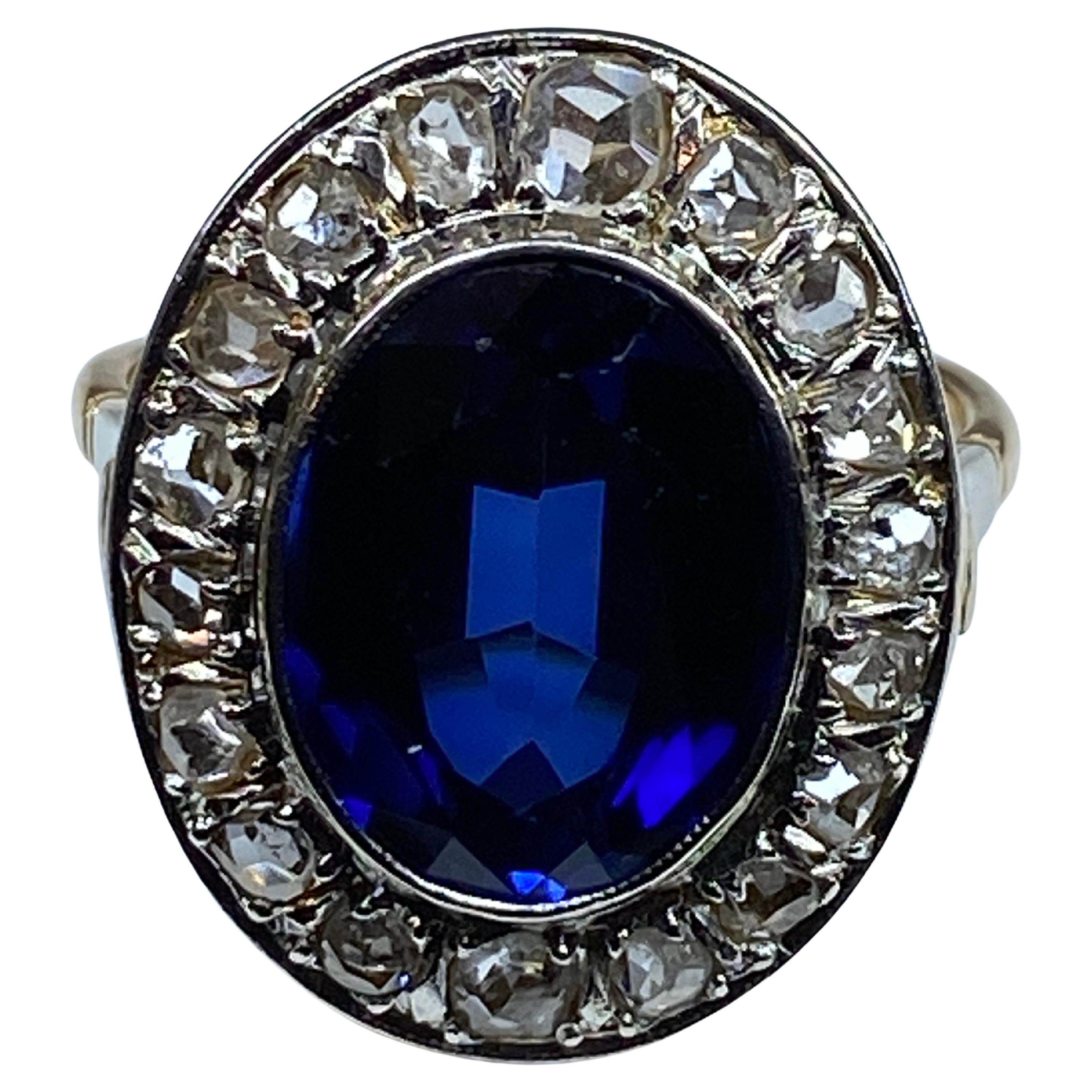 18 Carat Gold Ring Verneuil Sapphire and Rose-Cut Diamonds, 1900 Period