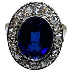 Antique 18 Carat Gold Ring Verneuil Sapphire and Rose-Cut Diamonds, 1900 Period