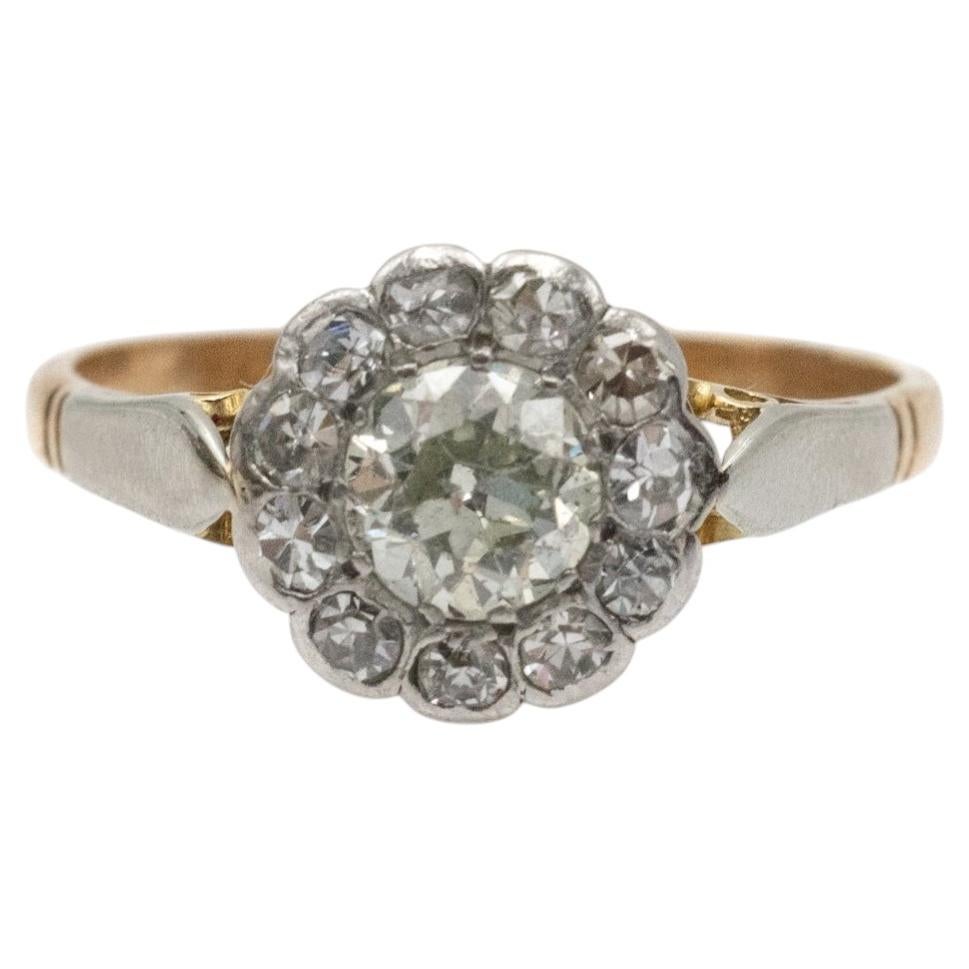 18K Yellow Gold Cluster Ring with Old-Cut Diamonds, Circa 1950
