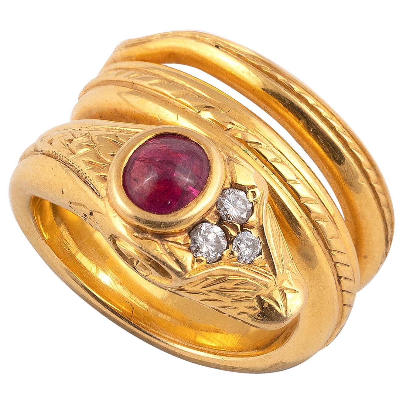 18 Carat Gold Ruby and Diamond Snake Ring