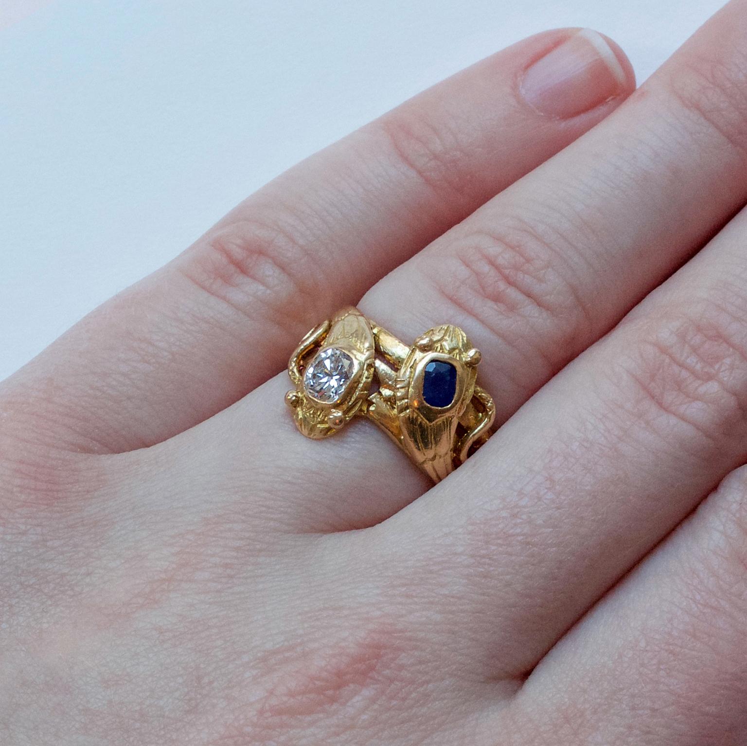 18 Carat Gold Sapphire and Diamond Double Snake Ring 1