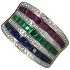 18 Carat Gold Sapphire Emerald Ruby and Diamond Cluster Band Ring