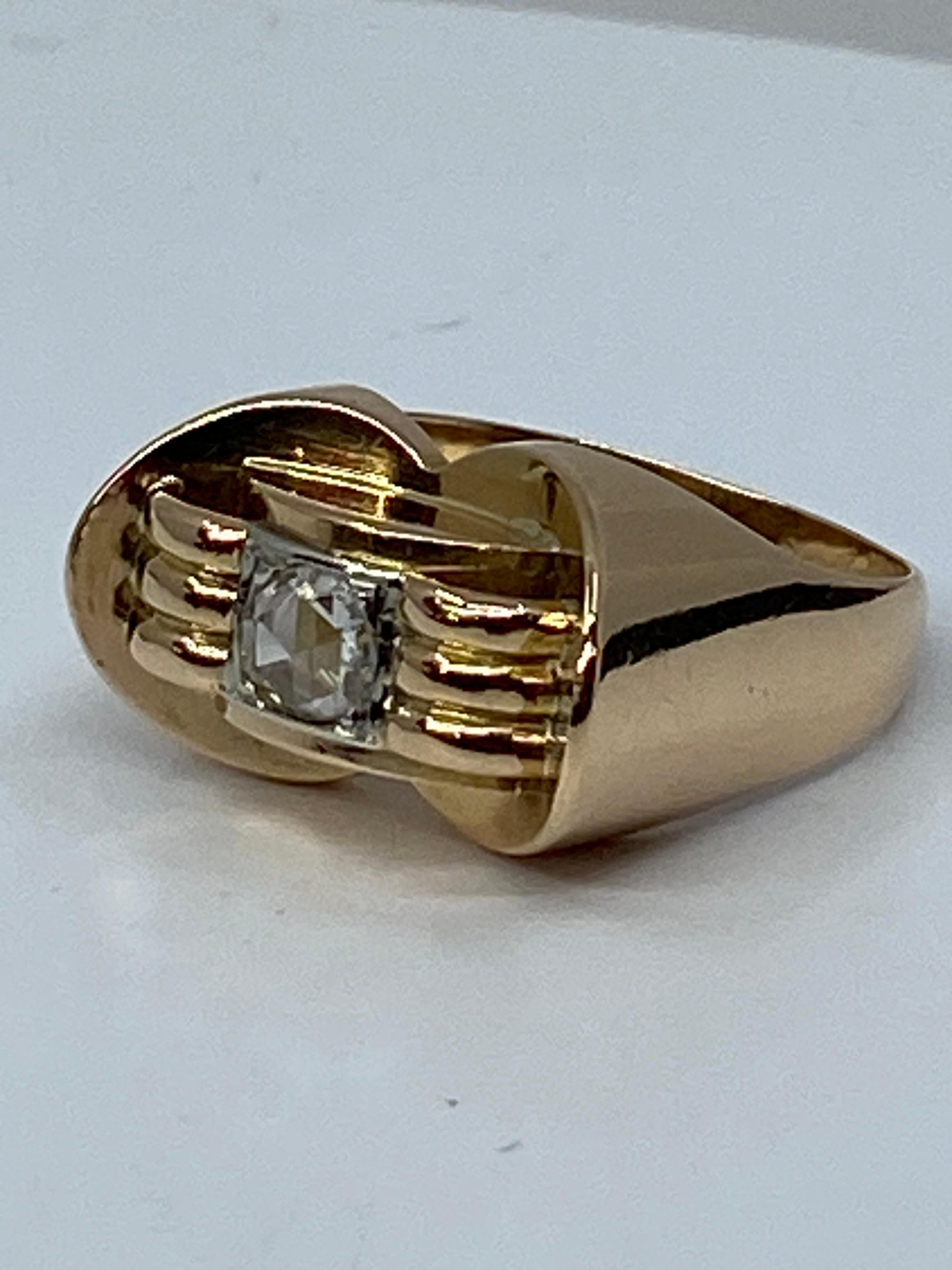 Retro 18 Carat Gold Tank Model Ring Set with a Rose Cut Diamant
