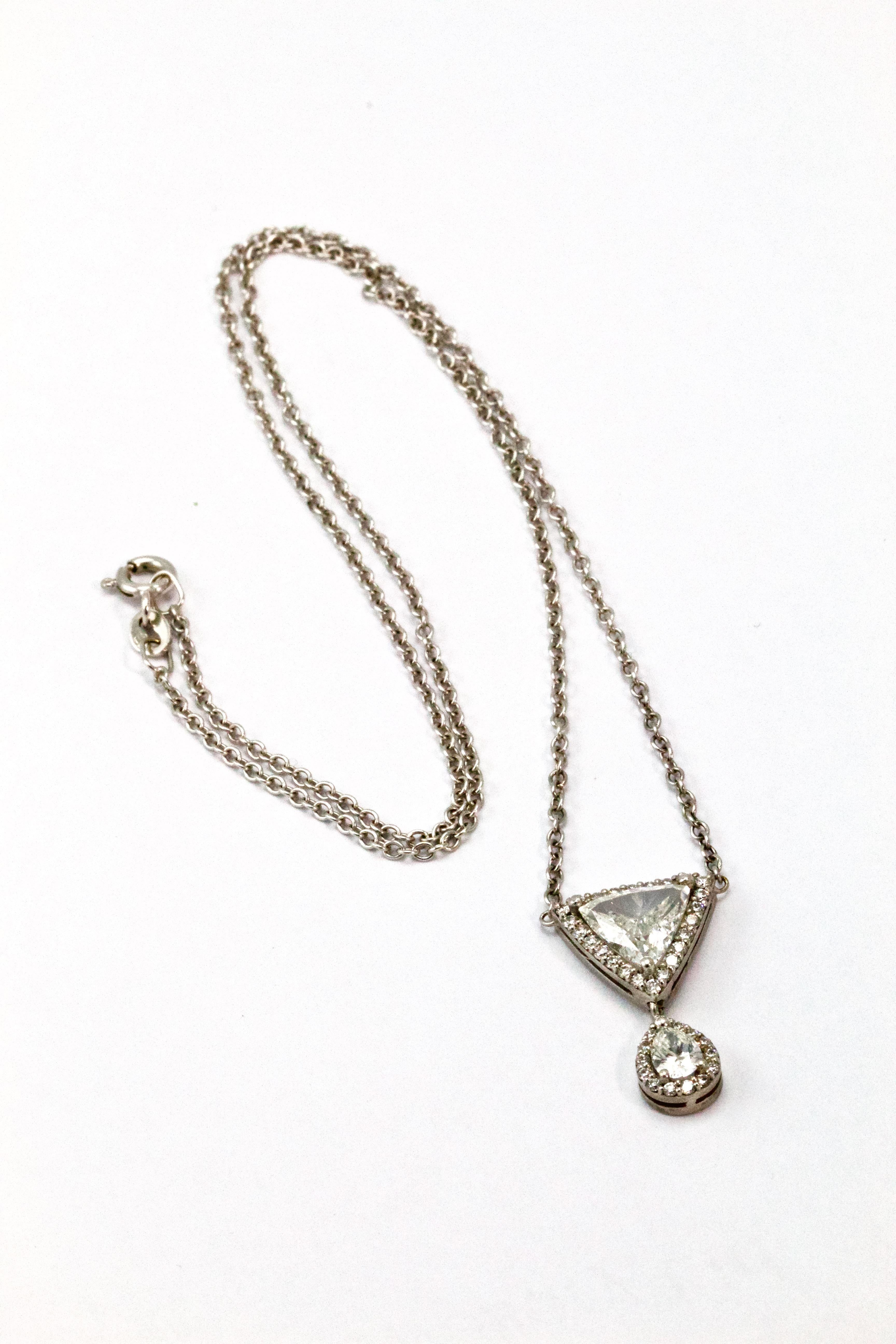 18 Carat Gold Trillion Cut Diamond Drop Pendant Necklace In Excellent Condition In Chipping Campden, GB
