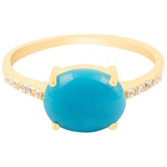 Gold Turquoise Ring with High Quality Diamonds, 14 Karat Ring