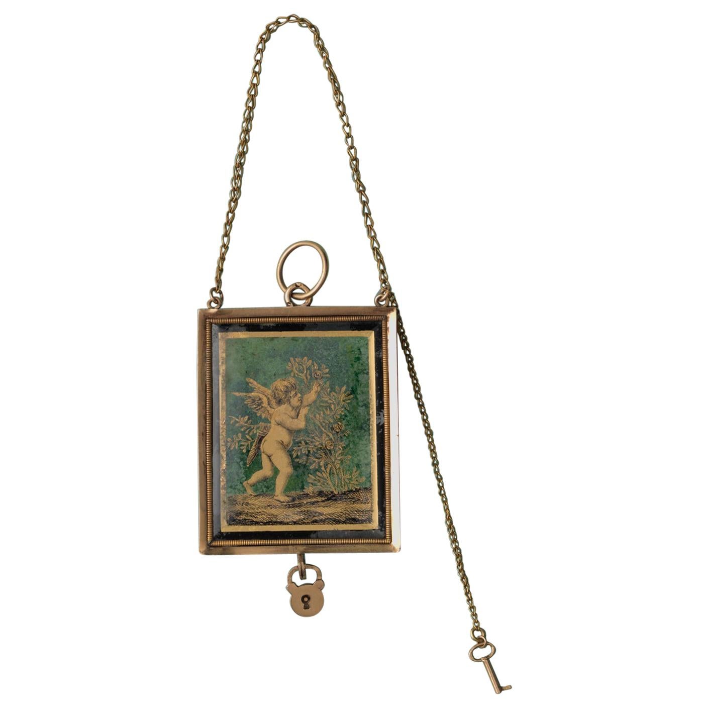 18 Carat Gold 'Verre Eglomisé' Angel Locket For Sale