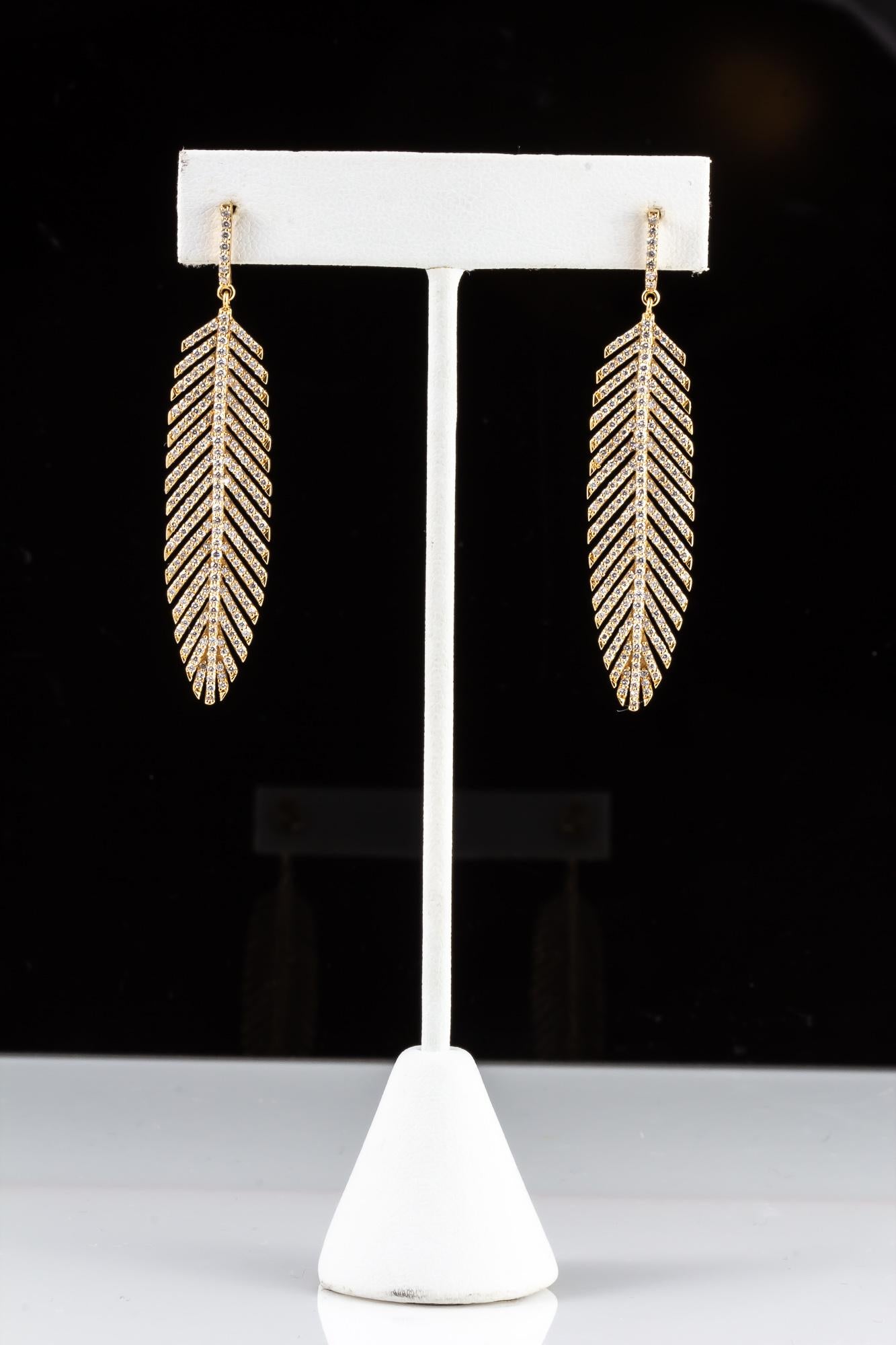 Artisan 18 Carat Handcrafted Feather Earrings with 3 Carat of Diamonds For Sale