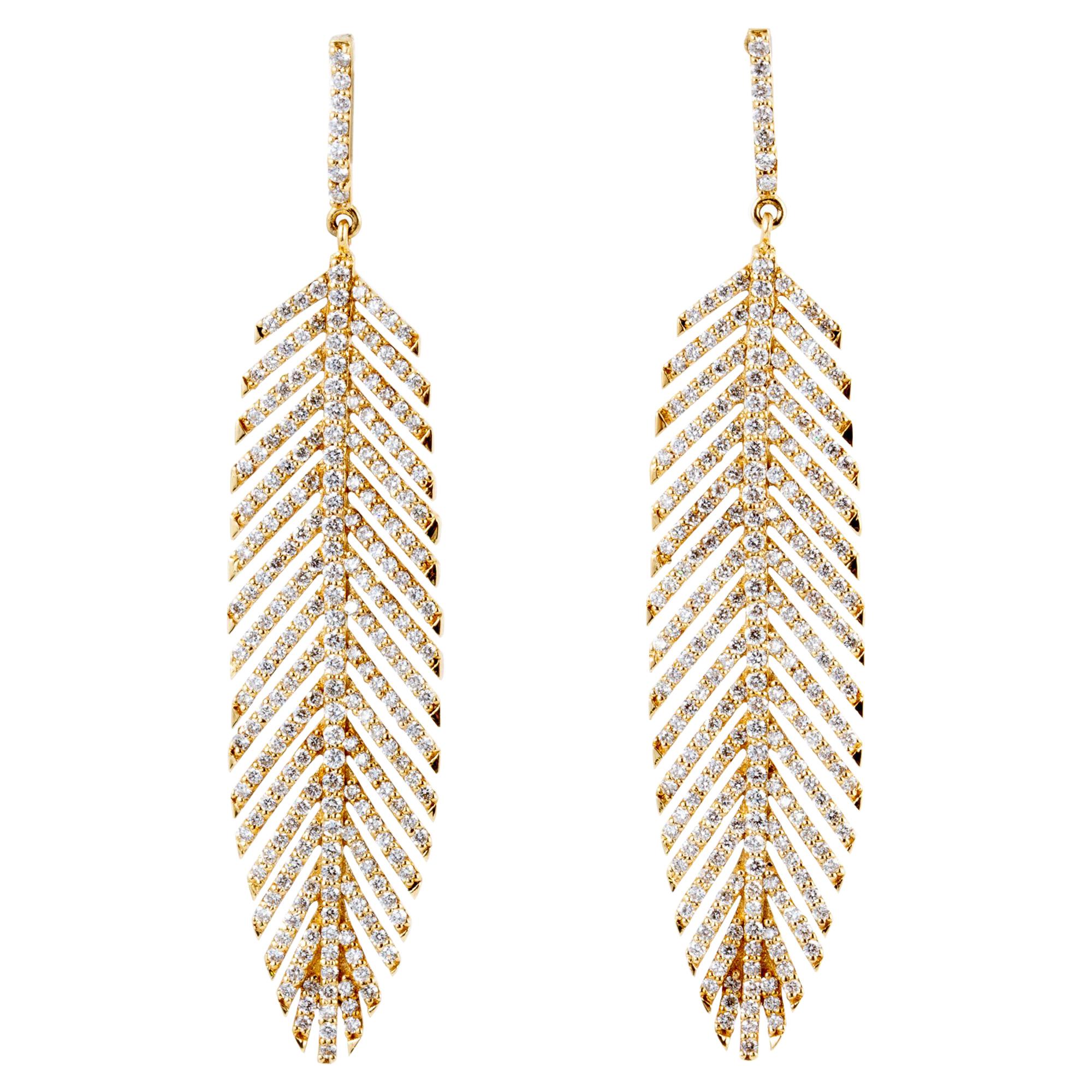 18 Carat Handcrafted Feather Earrings with 3 Carat of Diamonds For Sale