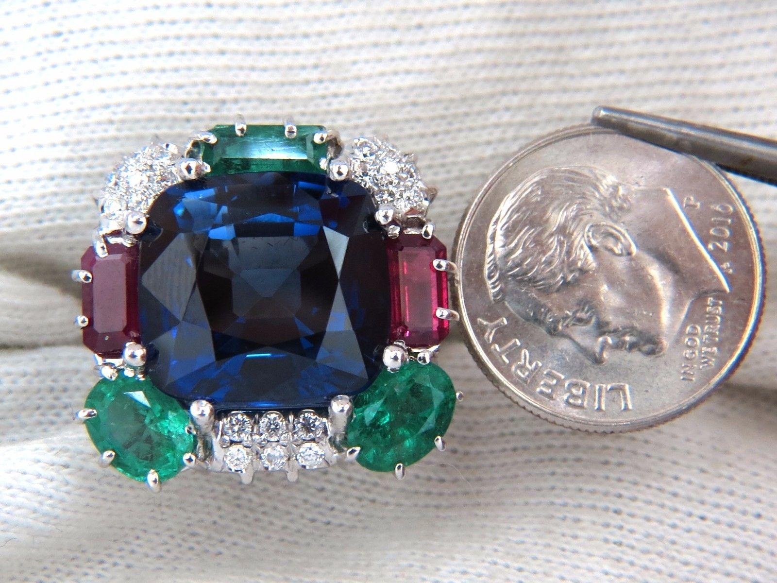 Cushion Cut 18 Carat Lab Sapphire Natural Emerald Ruby Diamonds Ring 18 Karat