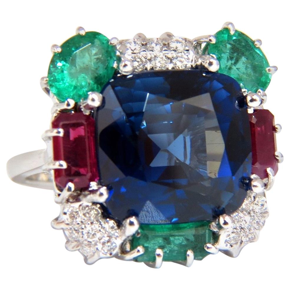 18 Carat Lab Sapphire Natural Emerald Ruby Diamonds Ring 18 Karat
