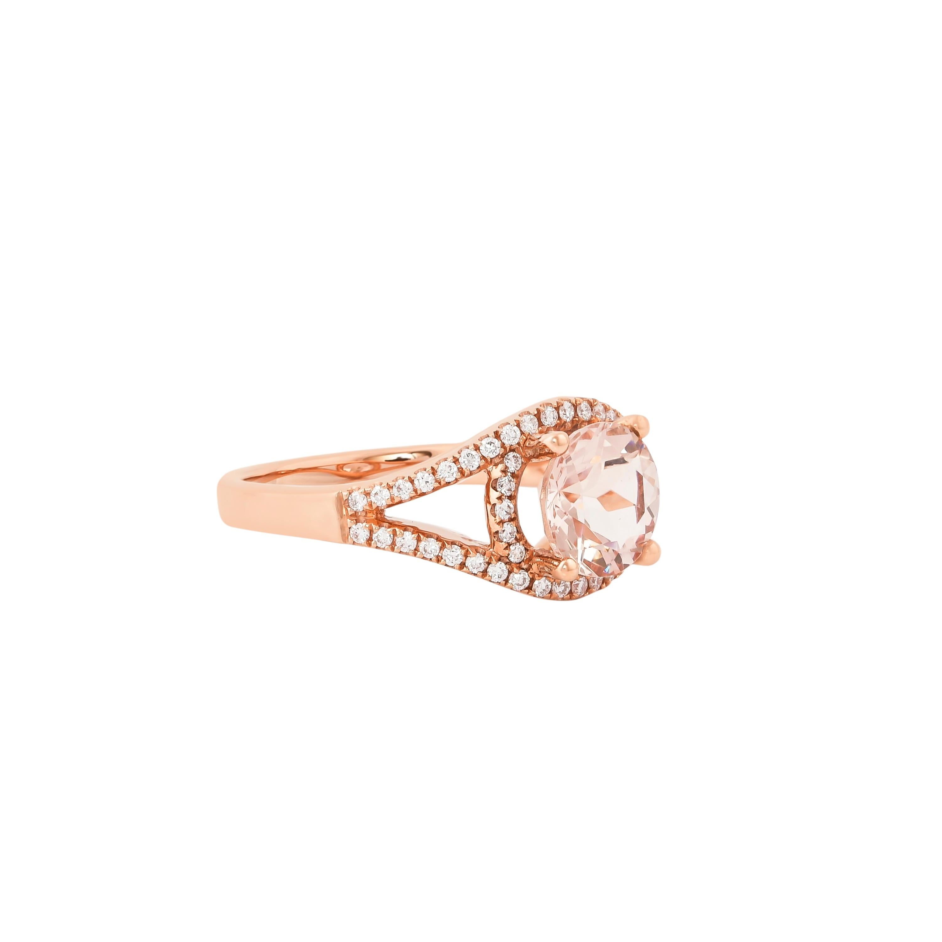 This collection features an array of magnificent morganites! Accented with diamonds these rings are made in rose gold and present a classic yet elegant look. 

Classic morganite ring in 18K rose gold with diamonds. 

Morganite: 1.87 carat round