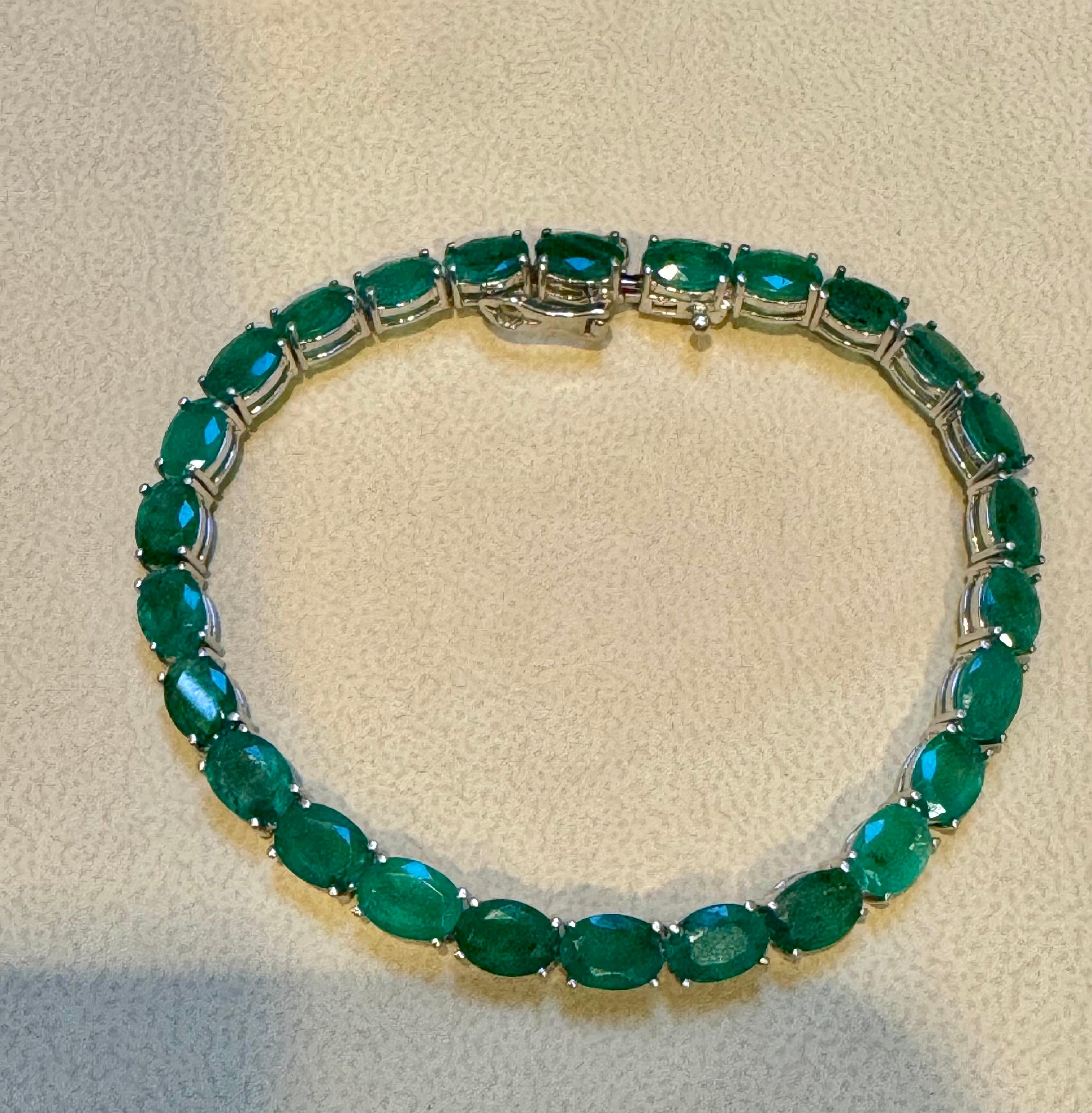  This exceptionally affordable Tennis  bracelet has  27  stones of oval  Emeralds  .  Total weight of the Emeralds is  approximately 18 carat. 
The bracelet is expertly crafted with 10  grams of  14 karat Yellow  gold . Have a safety clasp