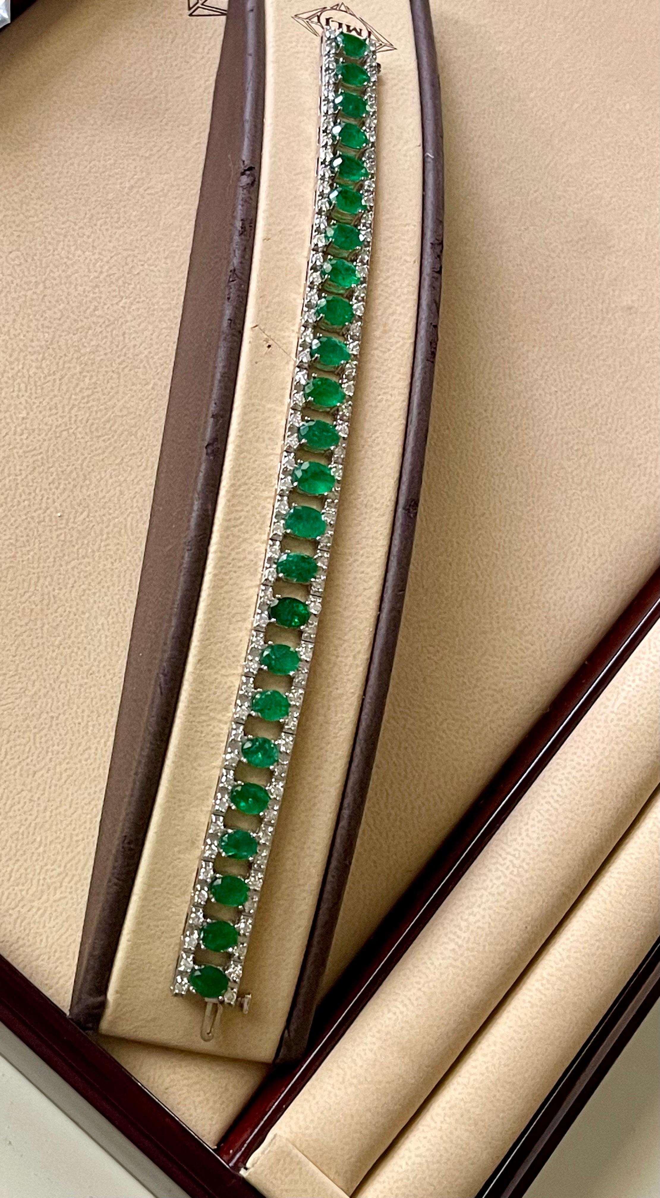18 Carat Natural Emerald & Diamond Cocktail Tennis Bracelet 14 Karat White Gold 1
