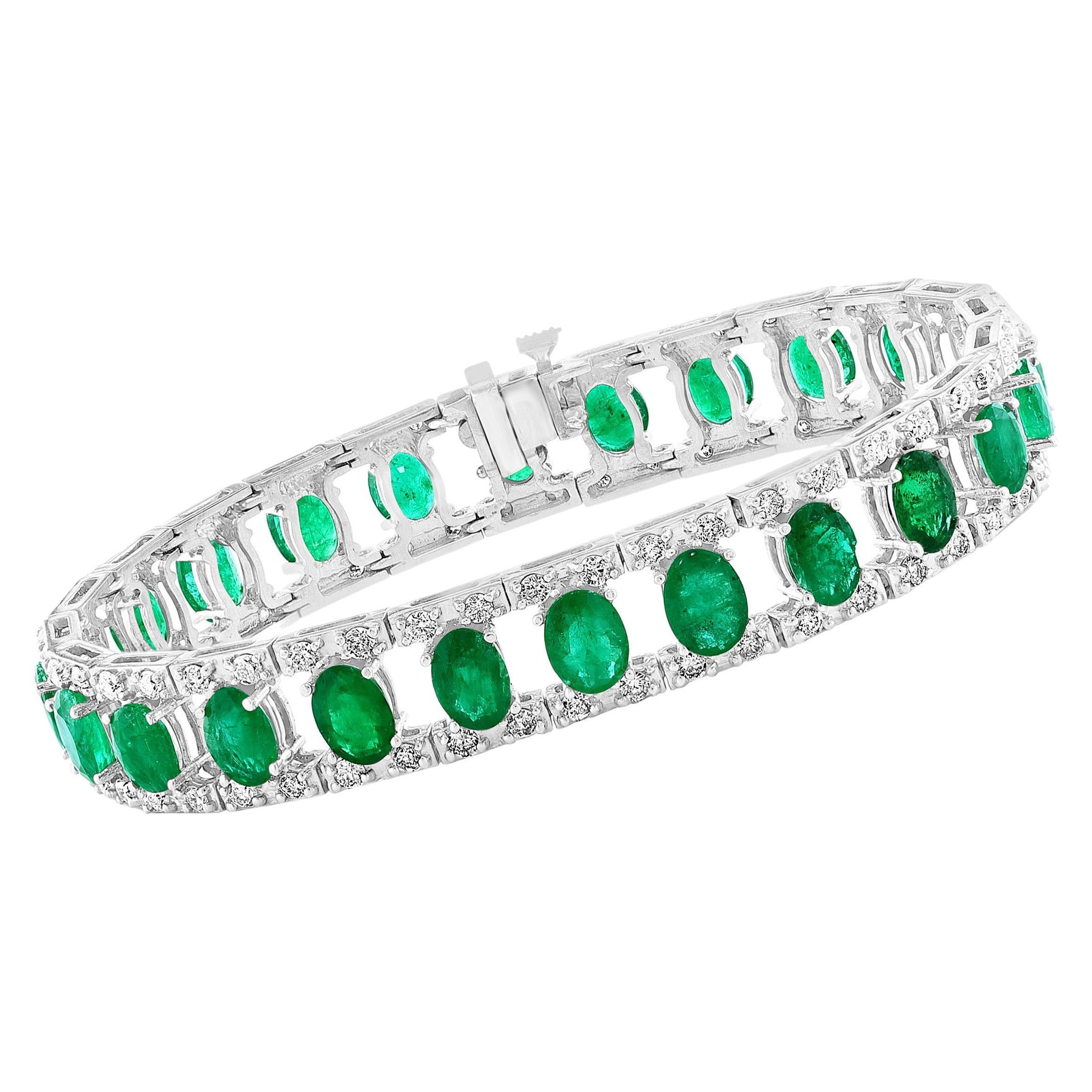 18 Carat Natural Emerald & Diamond Cocktail Tennis Bracelet 14 Karat White Gold