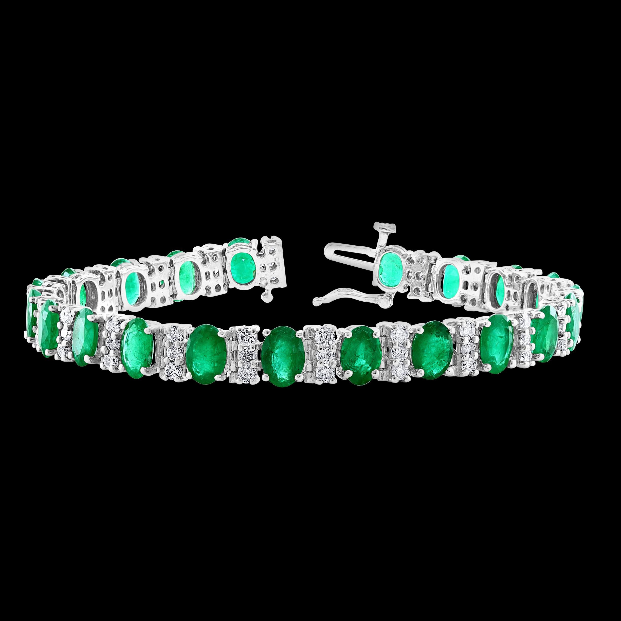 This exceptionally affordable Tennis bracelet has 21 stones of oval Emeralds . Each Emerald is spaced by three diamonds . Total weight of the Emeralds is approximately 18 Carat. Total number of diamonds are 66 and diamond weighs is over 1.8 ct.
The