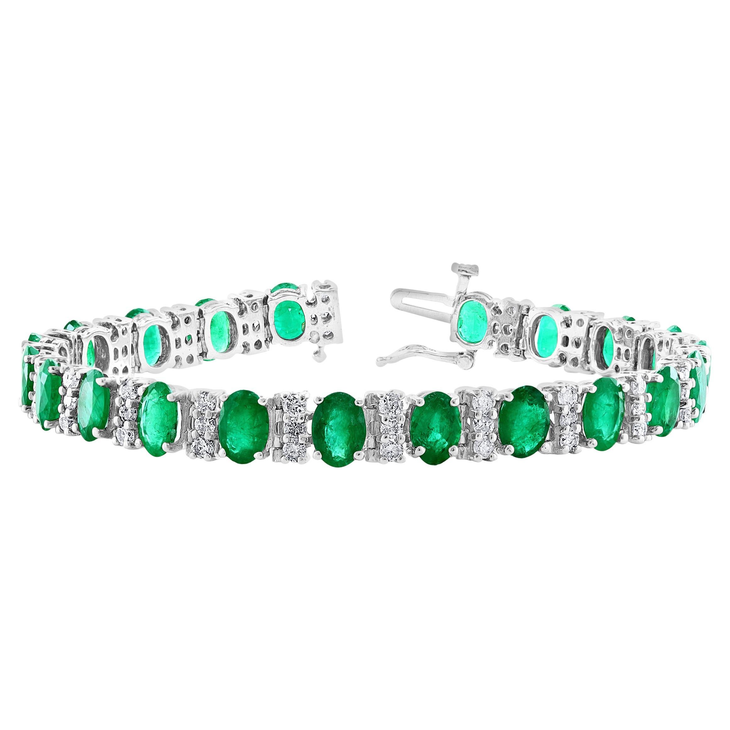 18 carat Natural Emerald & Diamond Cocktail Tennis Bracelet 14 Karat White Gold For Sale