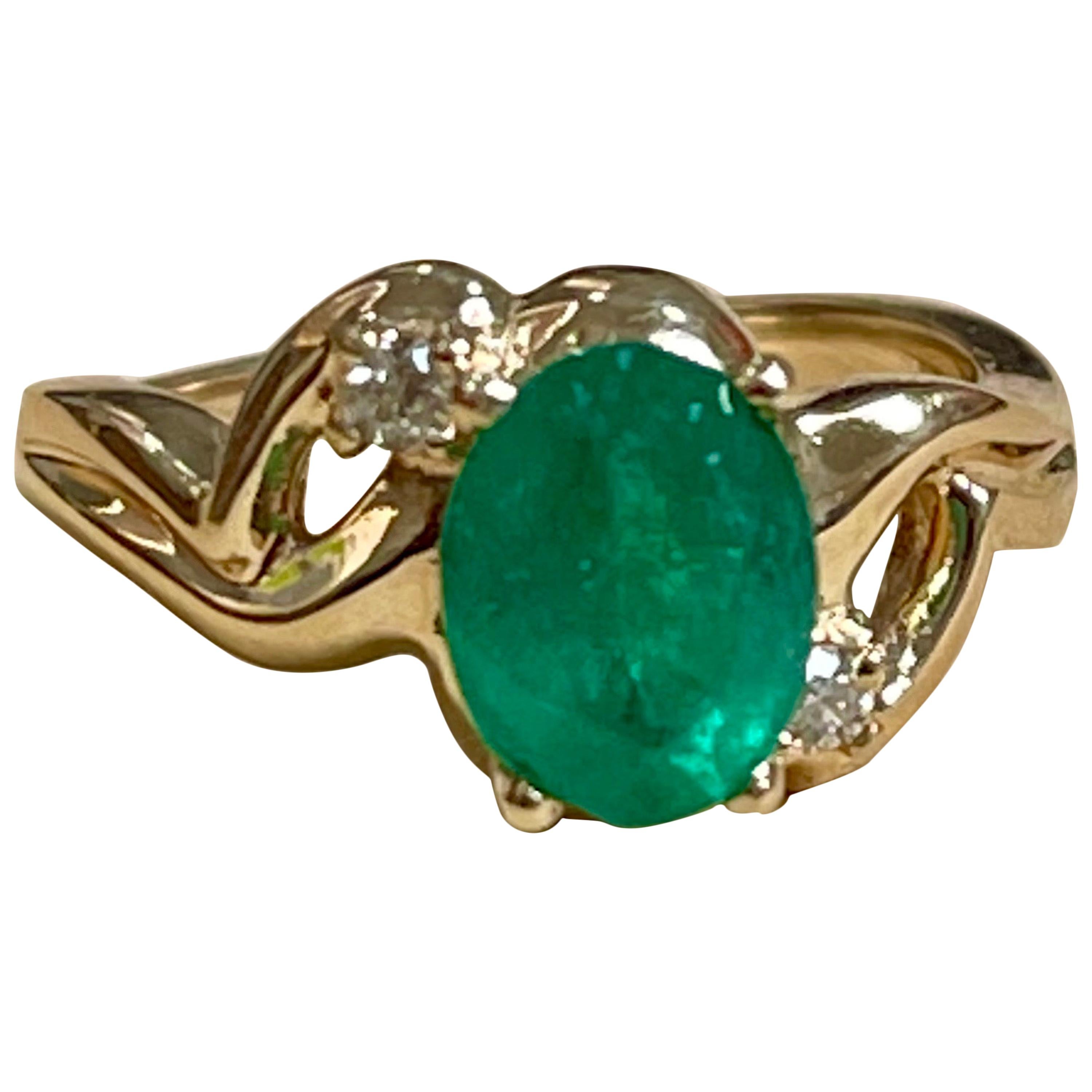 1.8 Carat Natural Oval Emerald and Diamond Ring 14 Karat Yellow Gold For Sale