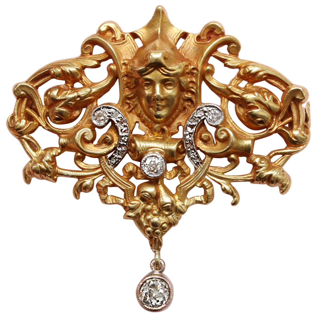 18 Carat Neo Renaissance Brooch with Diamonds