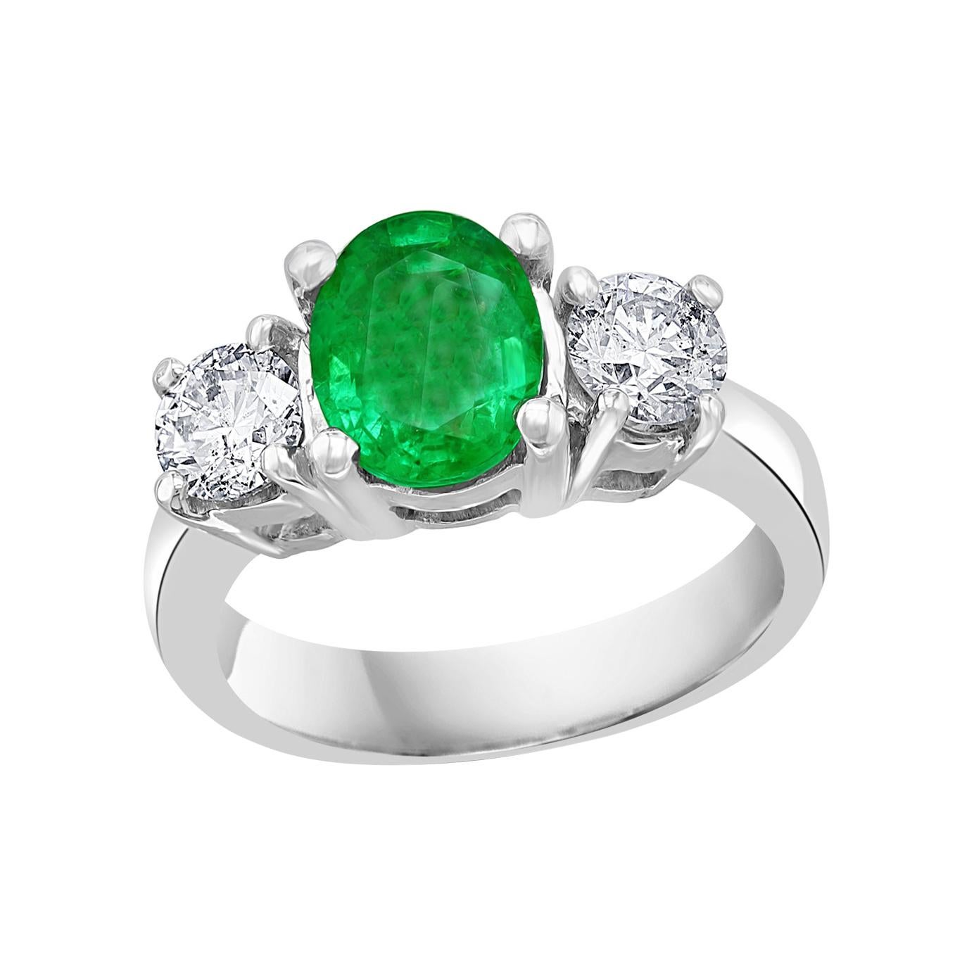 1.8 Carat Oval Cut Emerald & 0.90 Ct Diamond Ring in Platinum