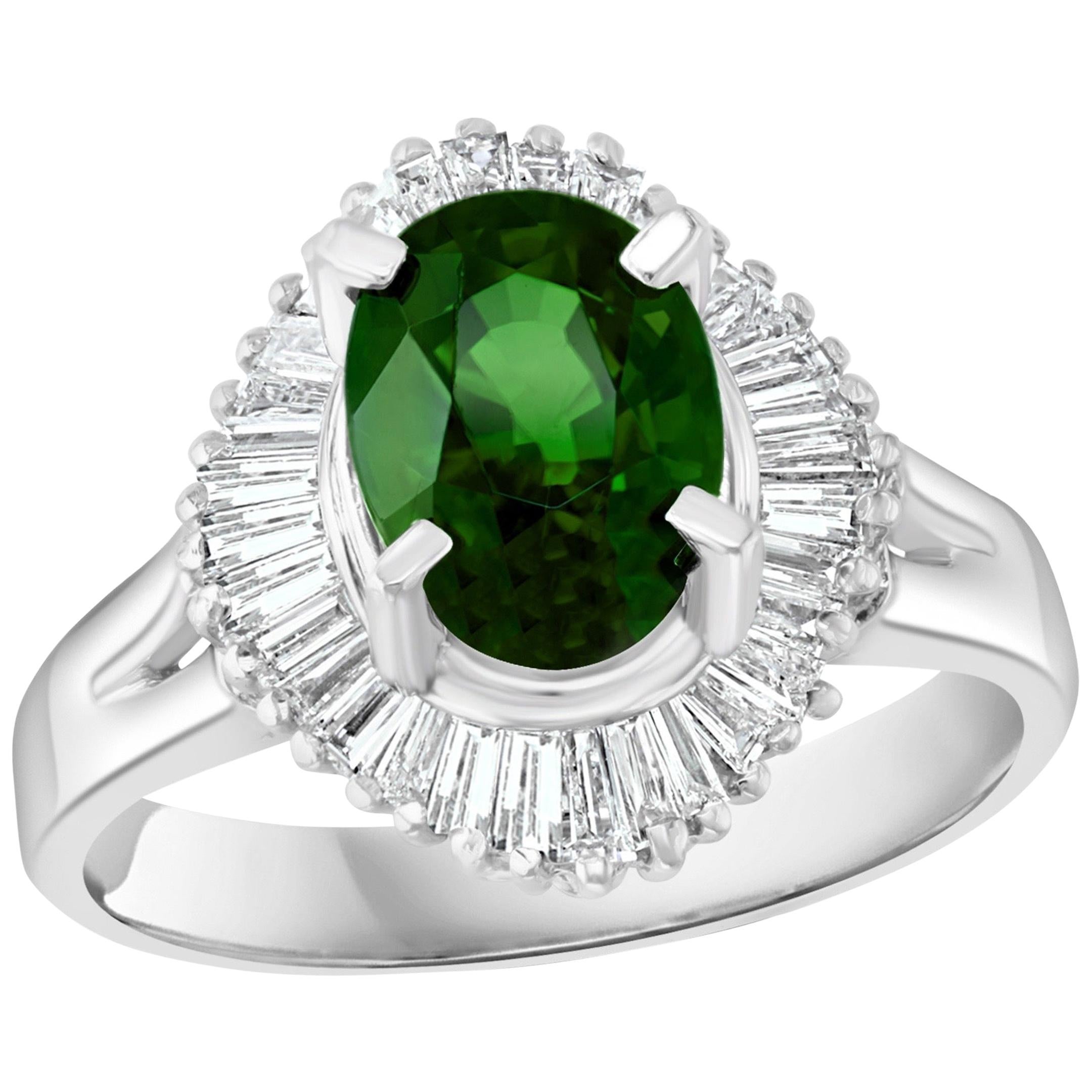 1.8 Carat Oval Tsavorite and 1.0 Carat Diamond Ring in Platinum Estate Size 6