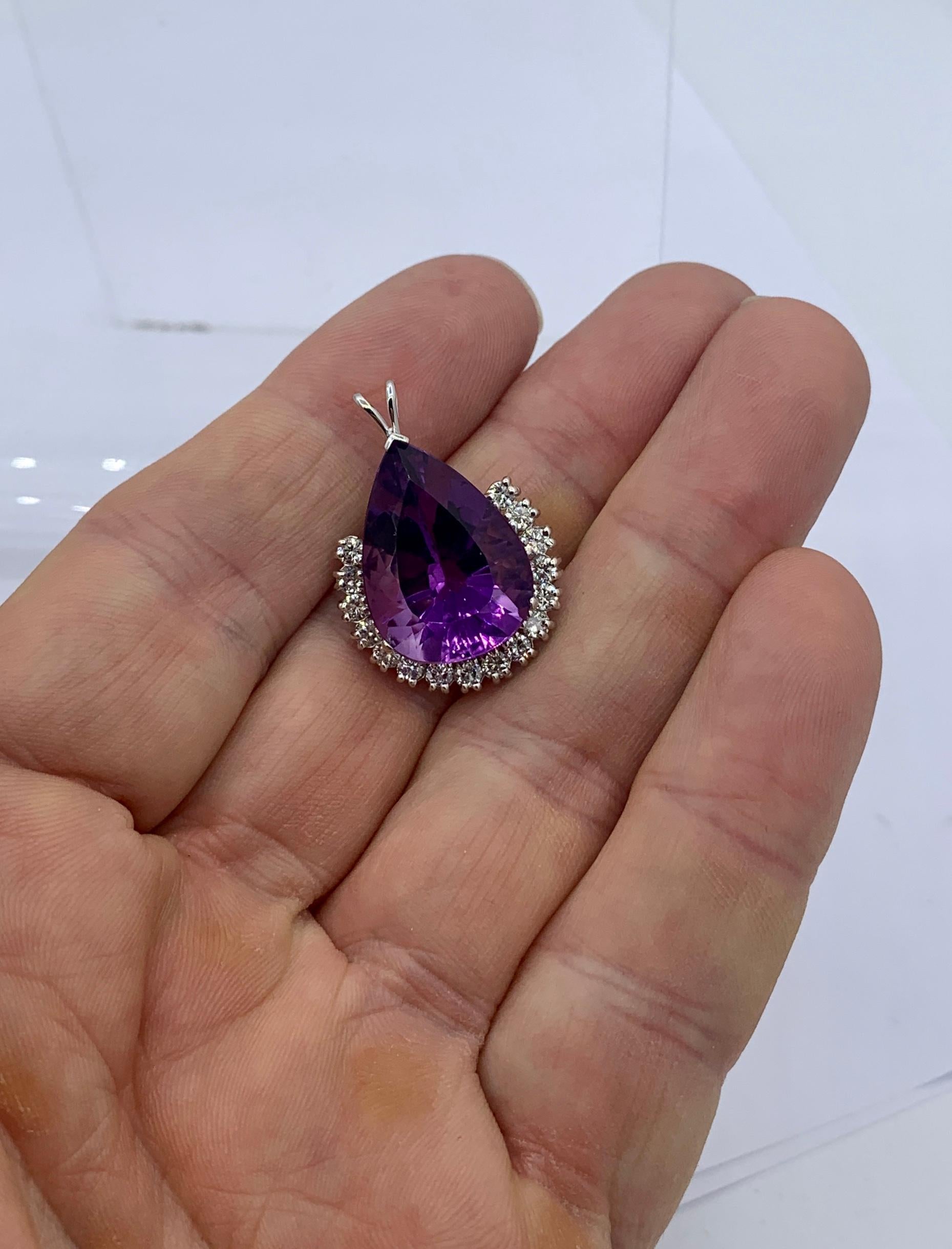 18 Carat Pear Cut Amethyst 1.5 Carat Diamond Pendant Necklace Antique White Gold In Excellent Condition For Sale In New York, NY