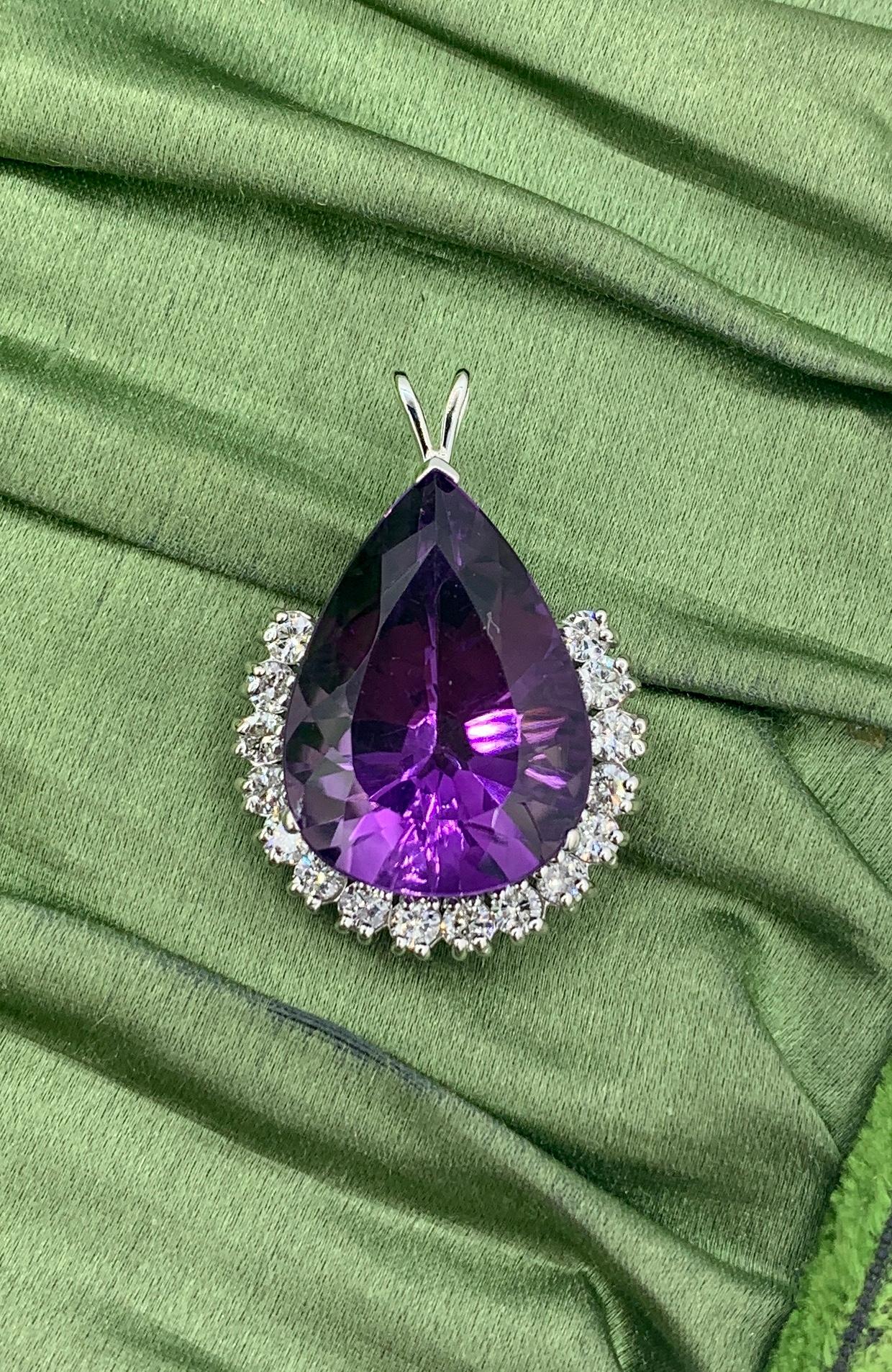 Women's 18 Carat Pear Cut Amethyst 1.5 Carat Diamond Pendant Necklace Antique White Gold For Sale