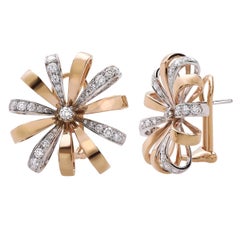 18 Carat Pink and White Gold Round Cut Diamonds Stud Earrings