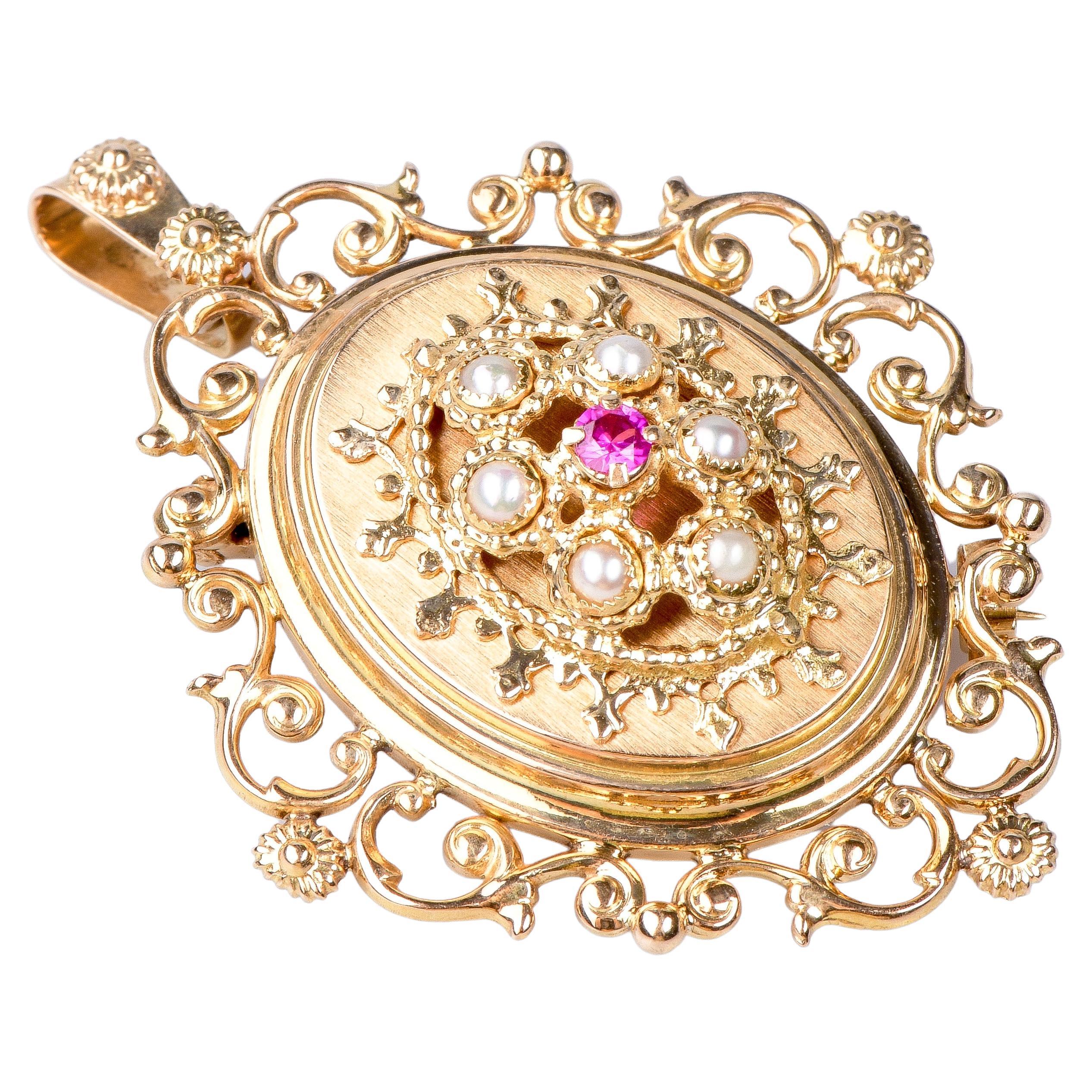 18 carat pink gold brooch or/and ruby and pearls pendant For Sale