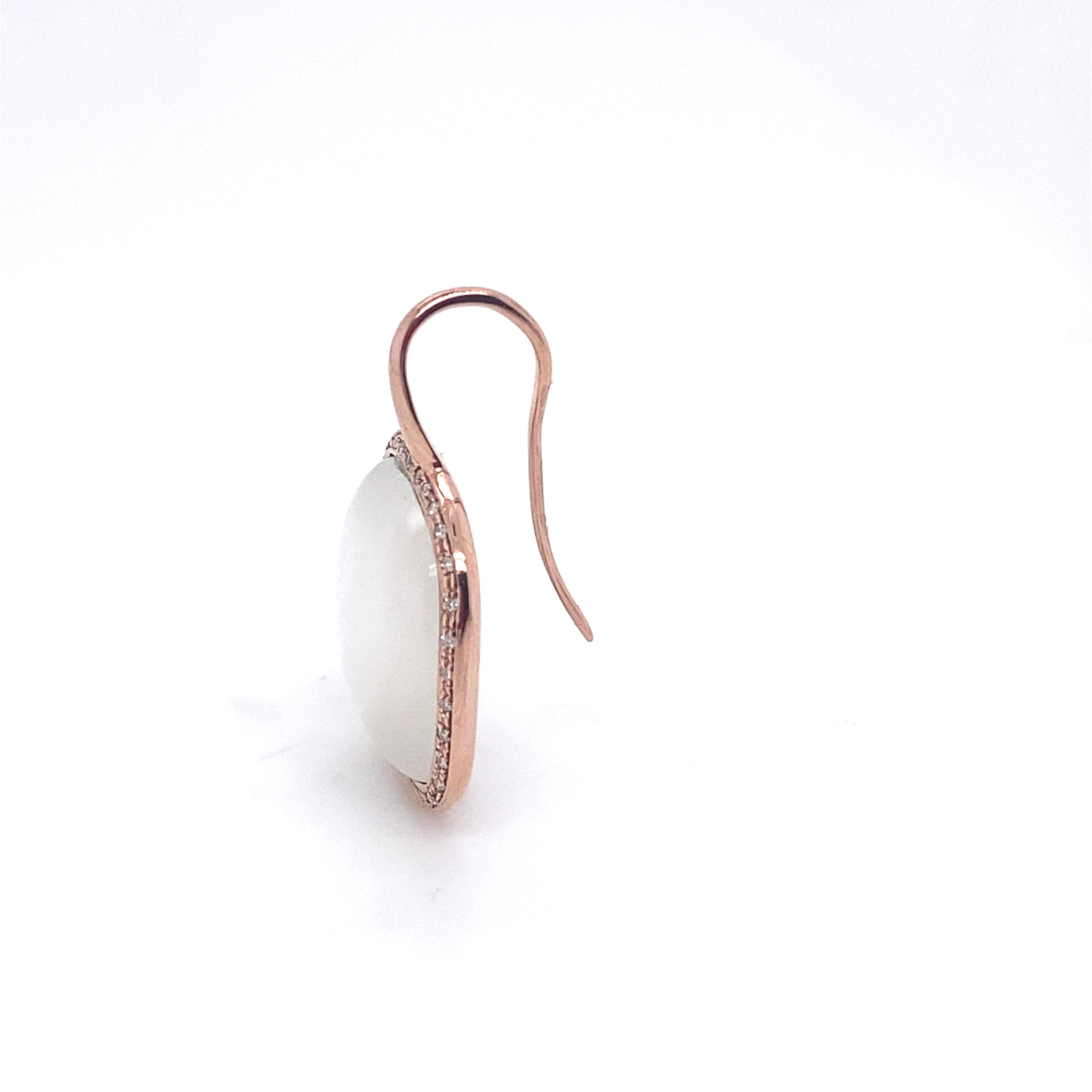 Artisan 18 Carat Pink Gold Earrings Adorned with a White Quartz Surrounded by Diamonds For Sale